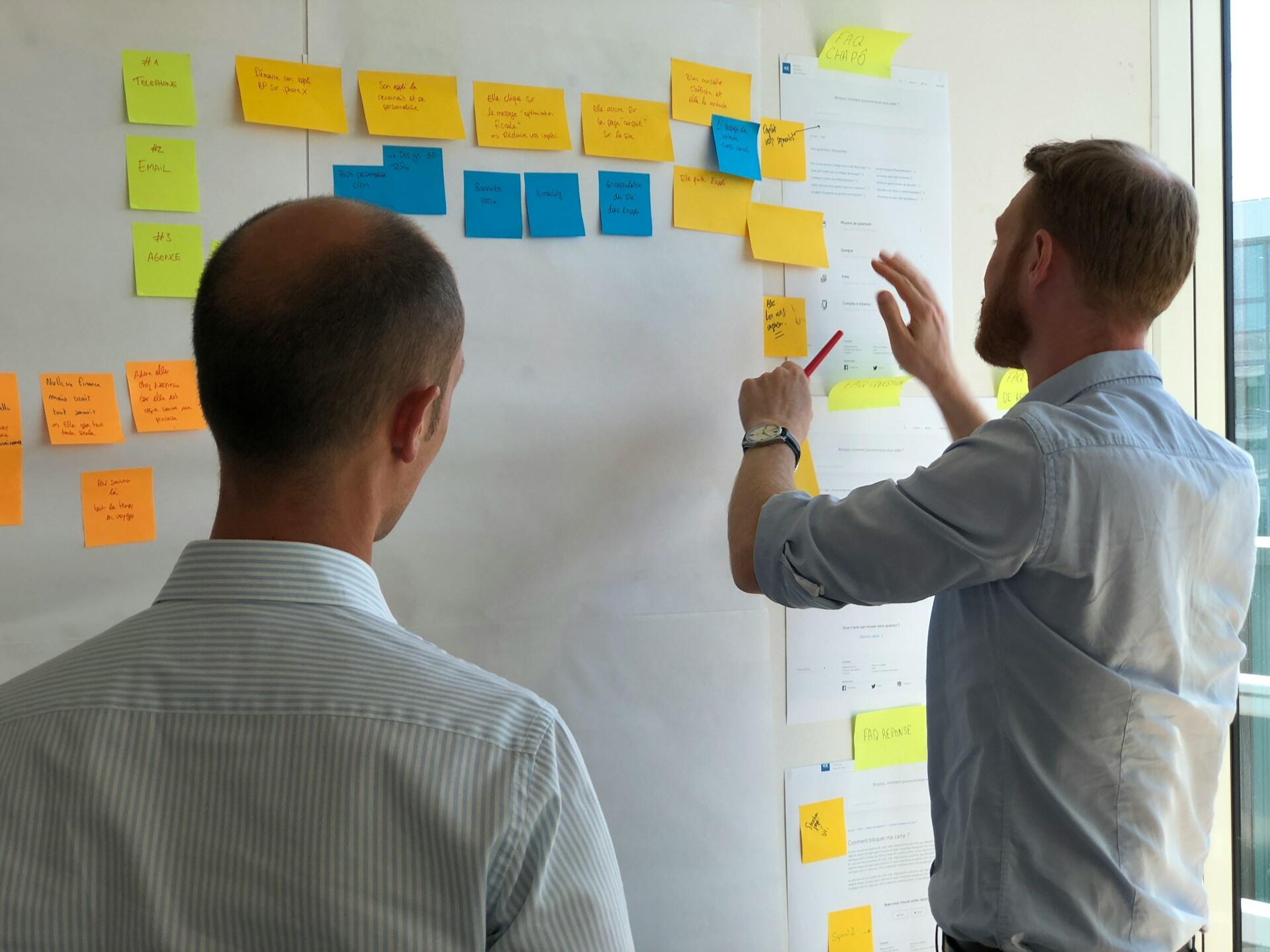 Two people in front of a whiteboard with sticky notes on it. 