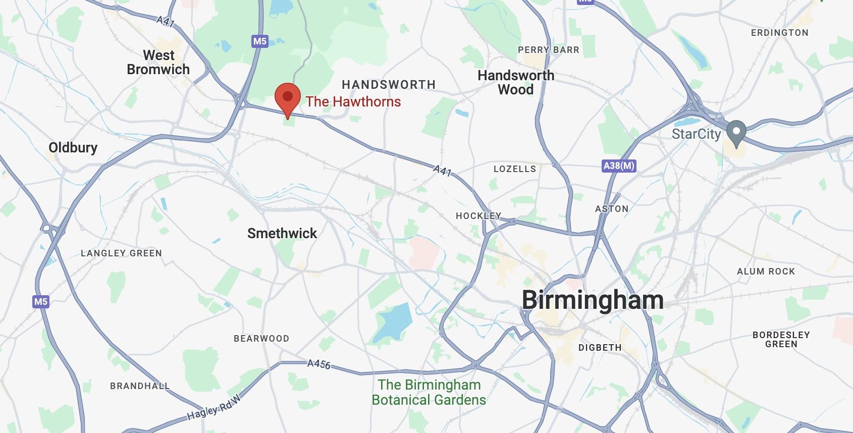 Hawthorns football stadium map in Birmingham