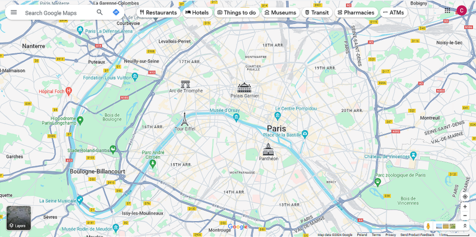 A map outlining Paris with its outer districts. 