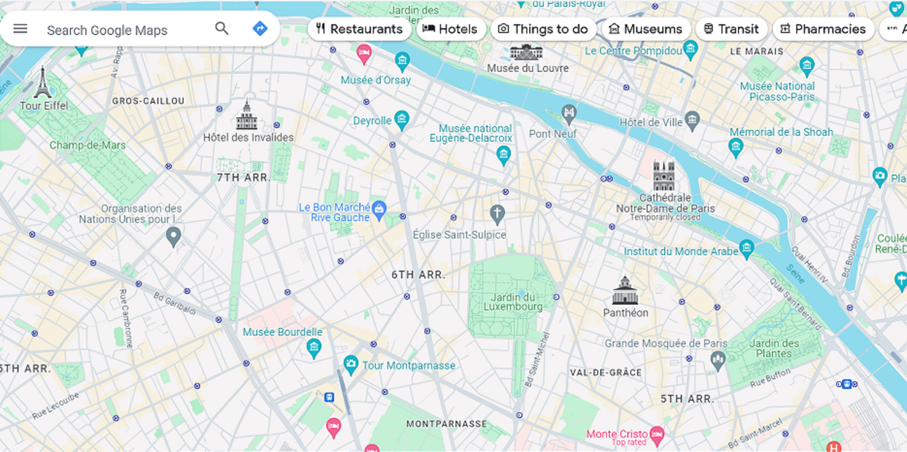 A map of the 5th, 6th, and 7th districts in Paris. 