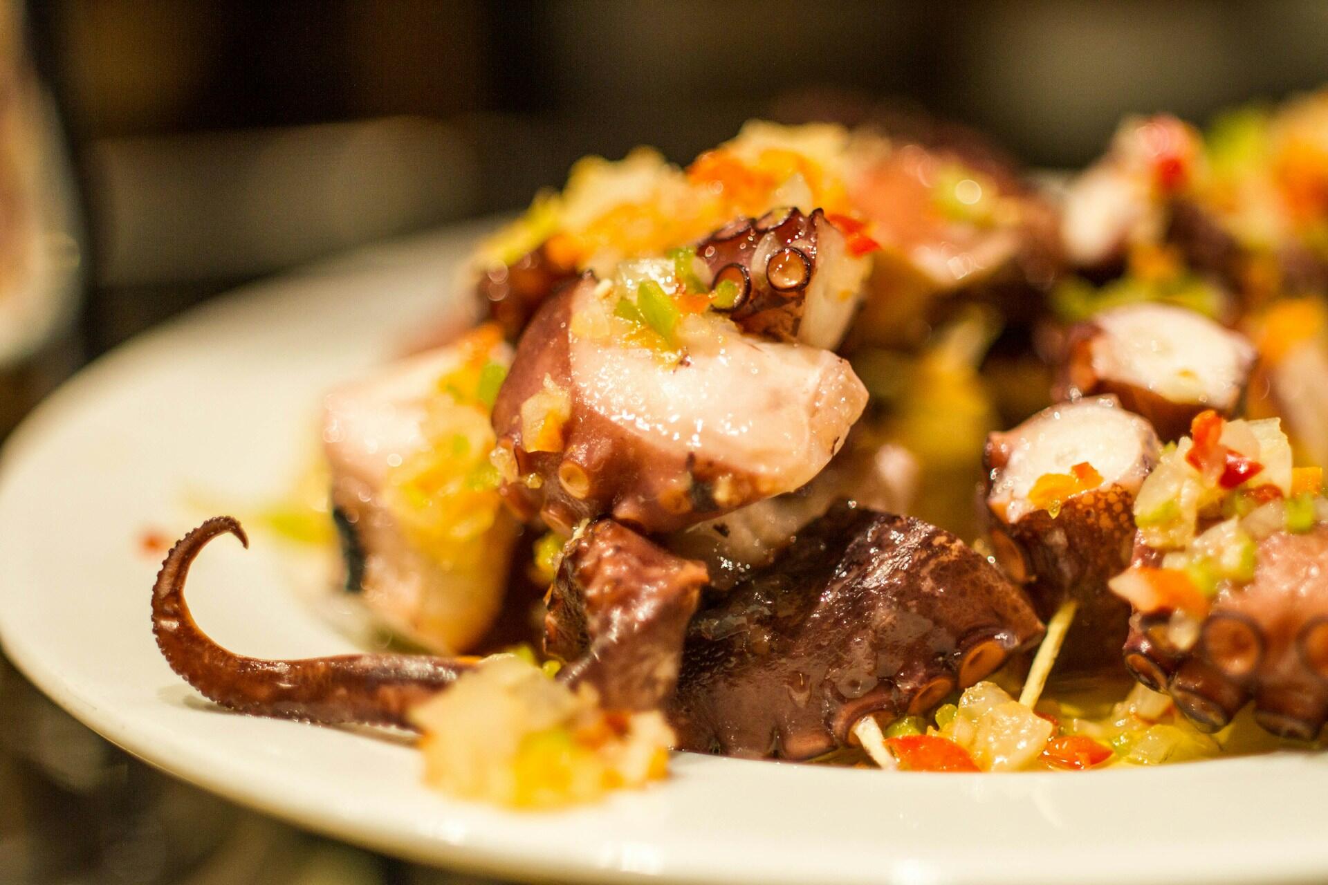 A close-up of a plate of octopus salad, featuring tender octopus pieces topped with colorful diced vegetables and herbs.