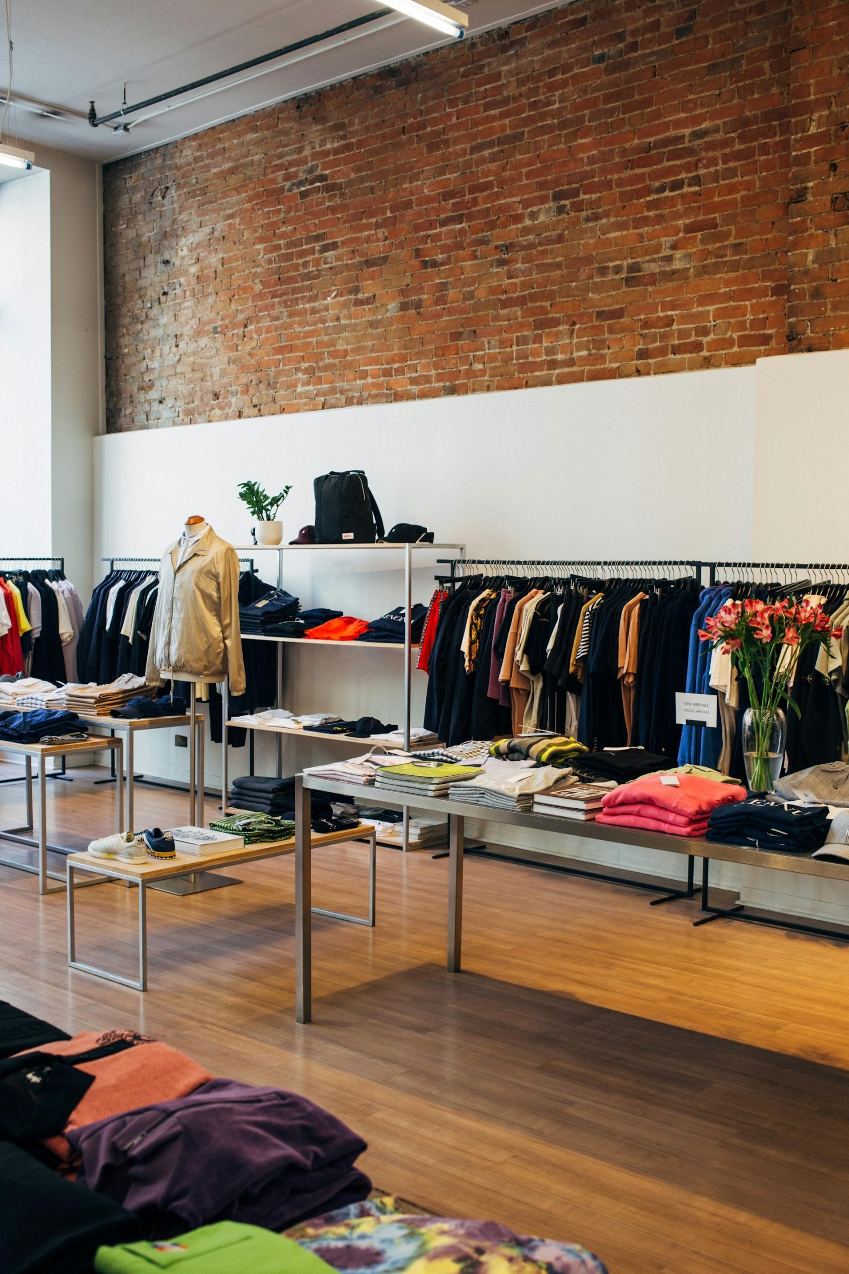 A boutique with clothes handing against the wall and other freestanding displays.