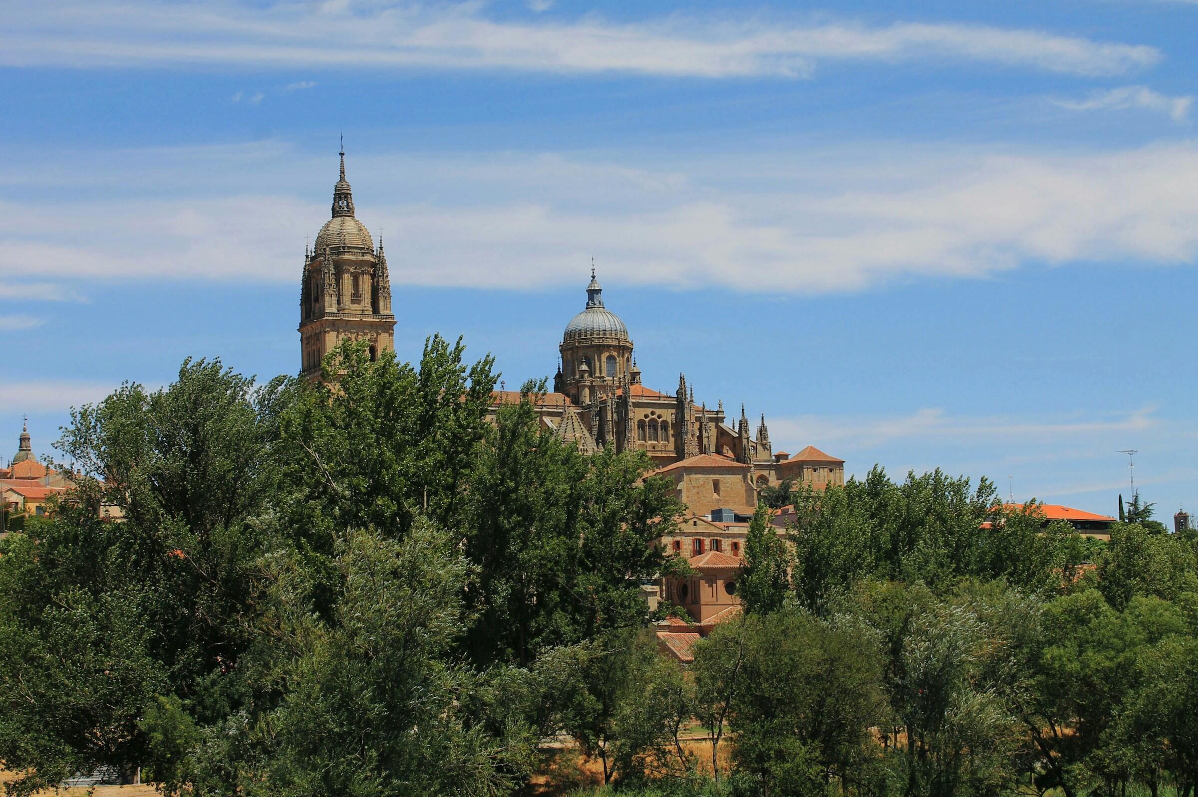 A scenic view of historic architecture, featuring towers and domes, surrounded by greenery and blue skies.
