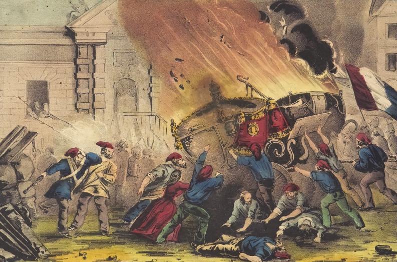 A lithograph depicting peasants attacking, overturning, and burning a royal carriage