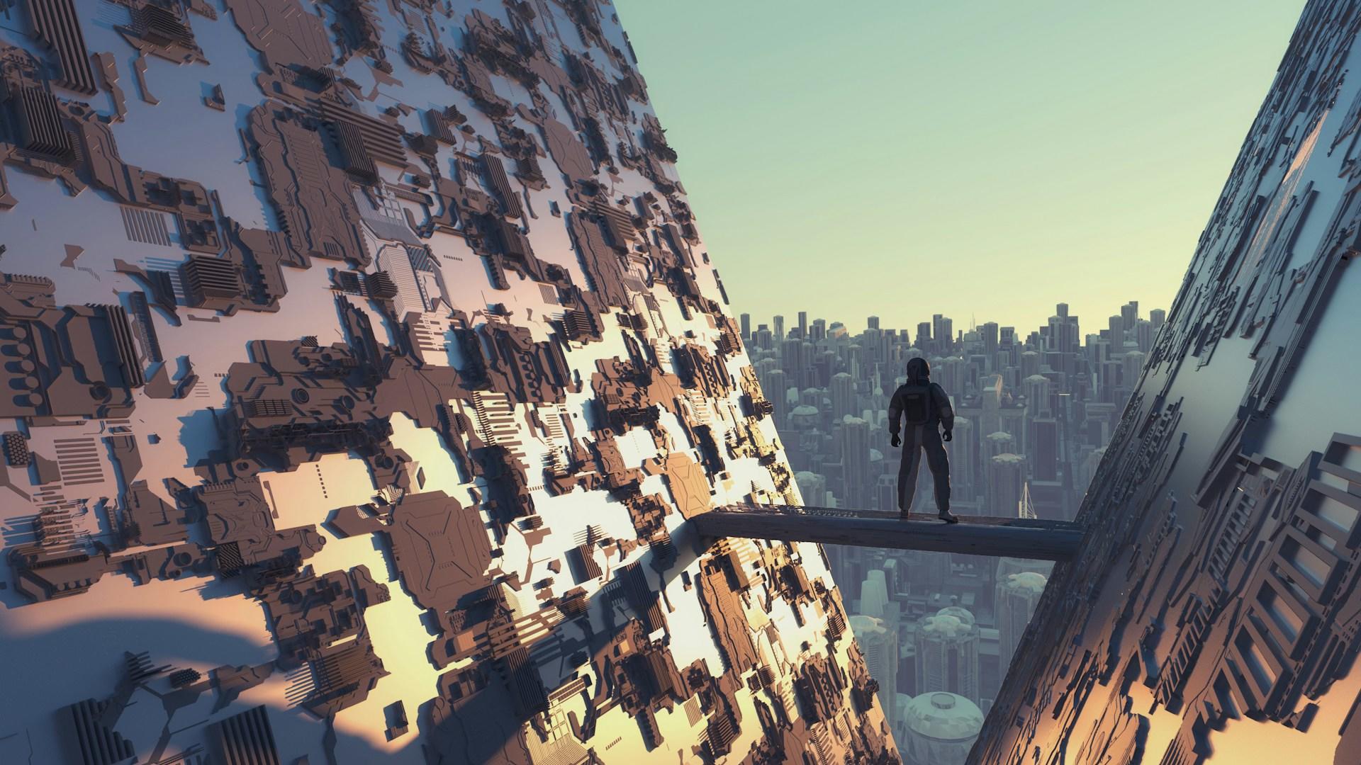 futuristic image of a city  and person overlooking it