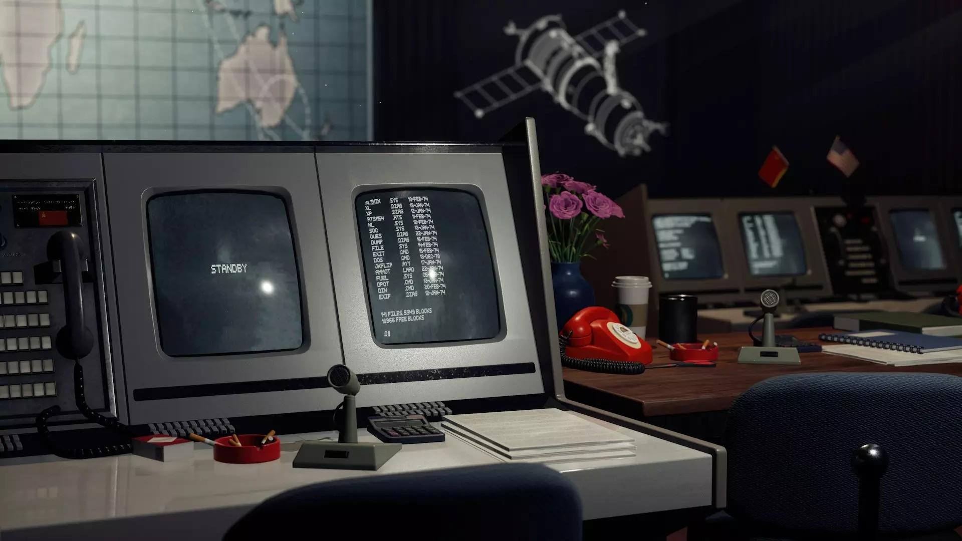 A control room with computer monitors displaying data, a map of the world, communication devices, and a model satellite on the wall. A vase with purple flowers and a red phone are on the desk.