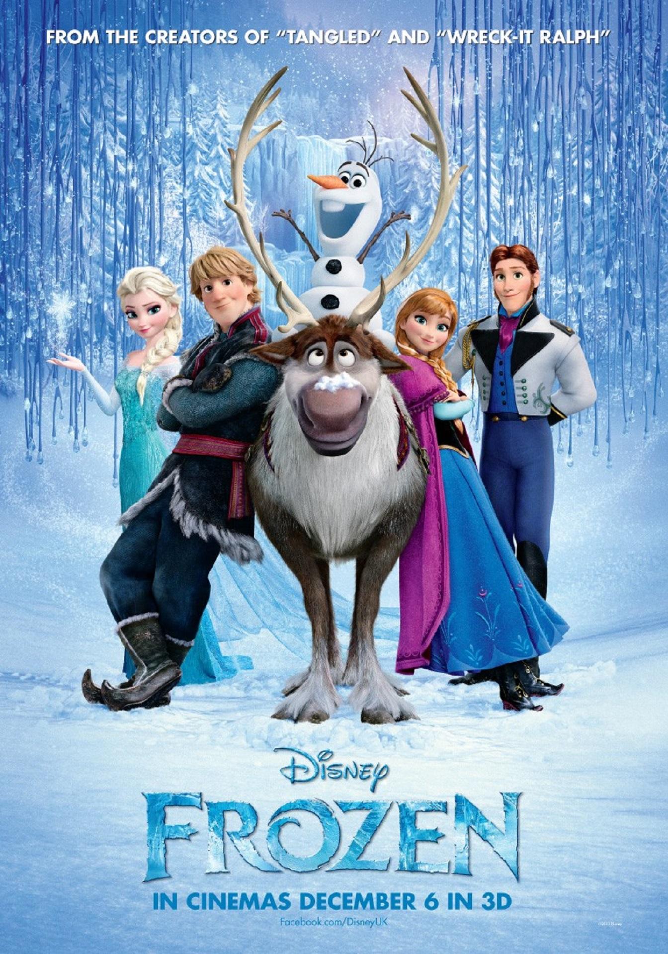 A movie poster featuring its cartoon cast around a reindeer in the snow. 