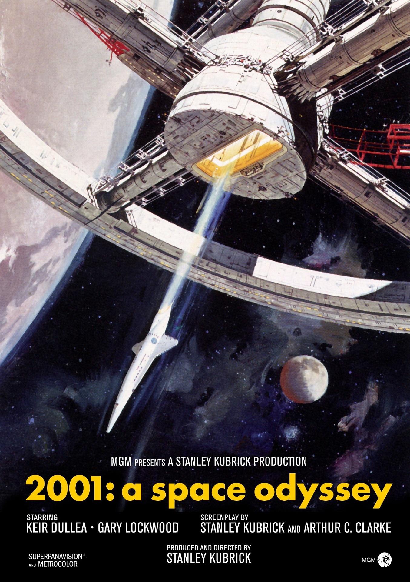 An arc of a spaceship on a poster with yellow writing. 