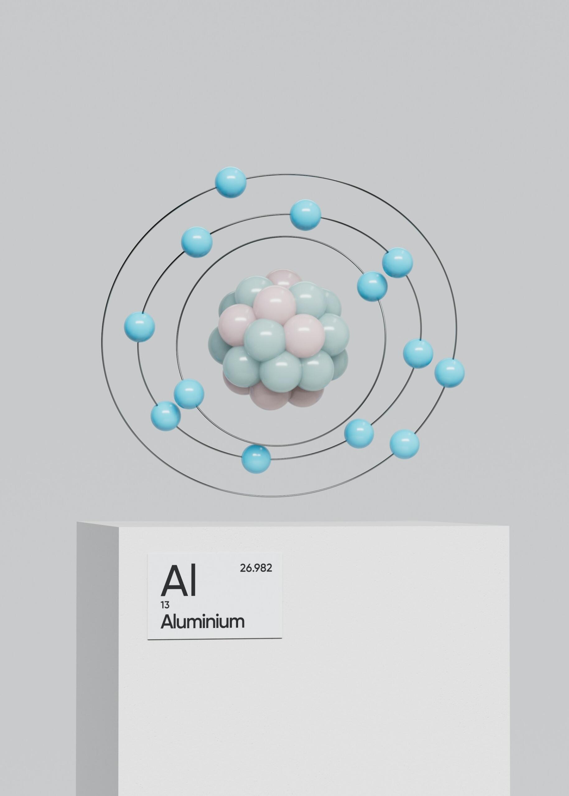 The atomic structure of aluminum, showing nucleus, electrons, and valances. 