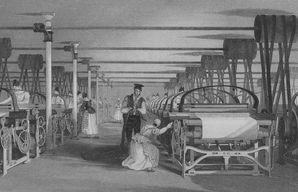 black and white drawing of factory during industrial revolution