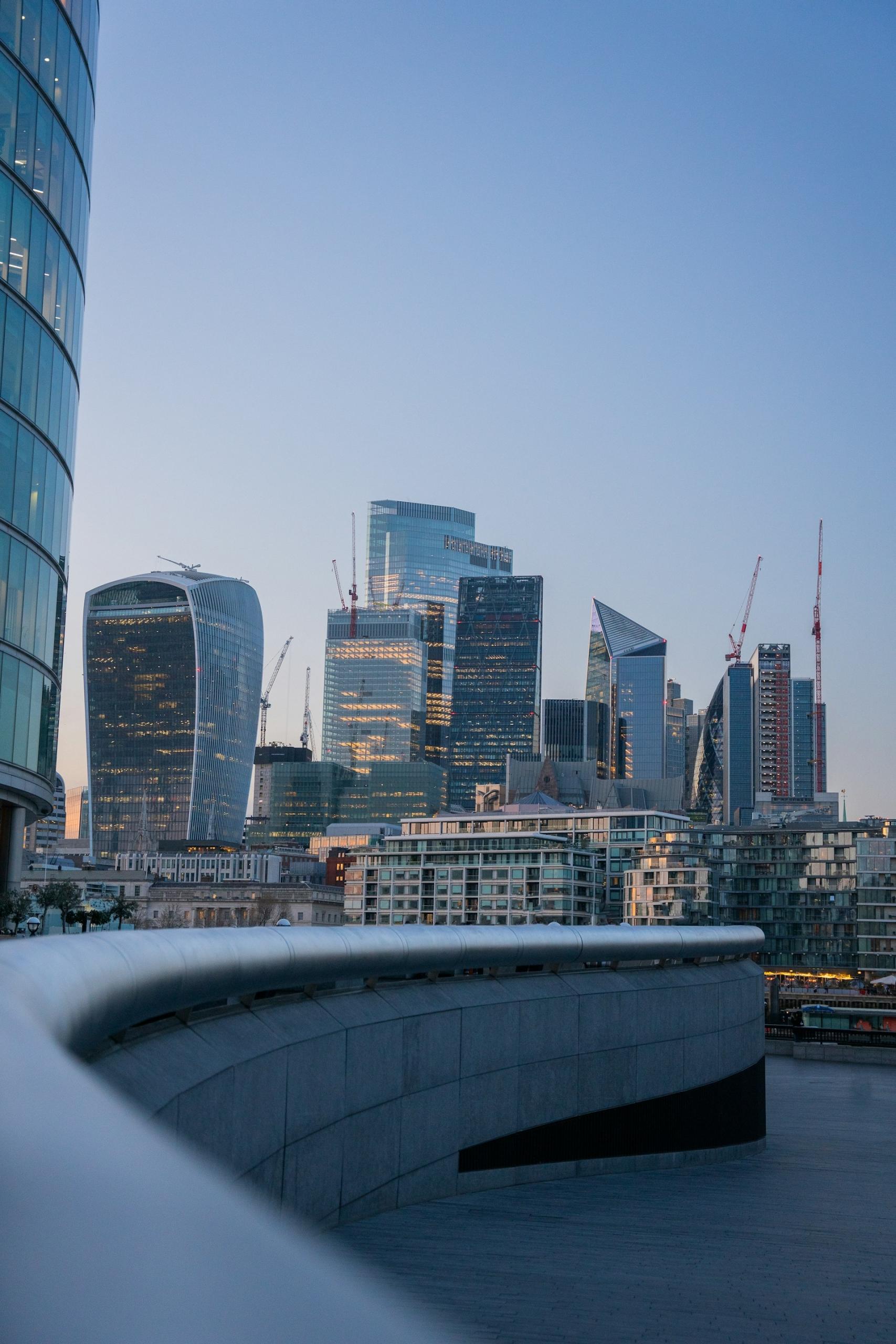 The London Financial District from across the Thames on a cloudy day. 