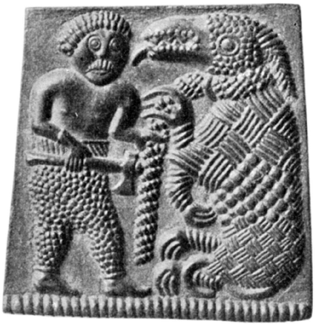 A greyscale image of a plate depicting a man in fuzzy pants battling a beast. 