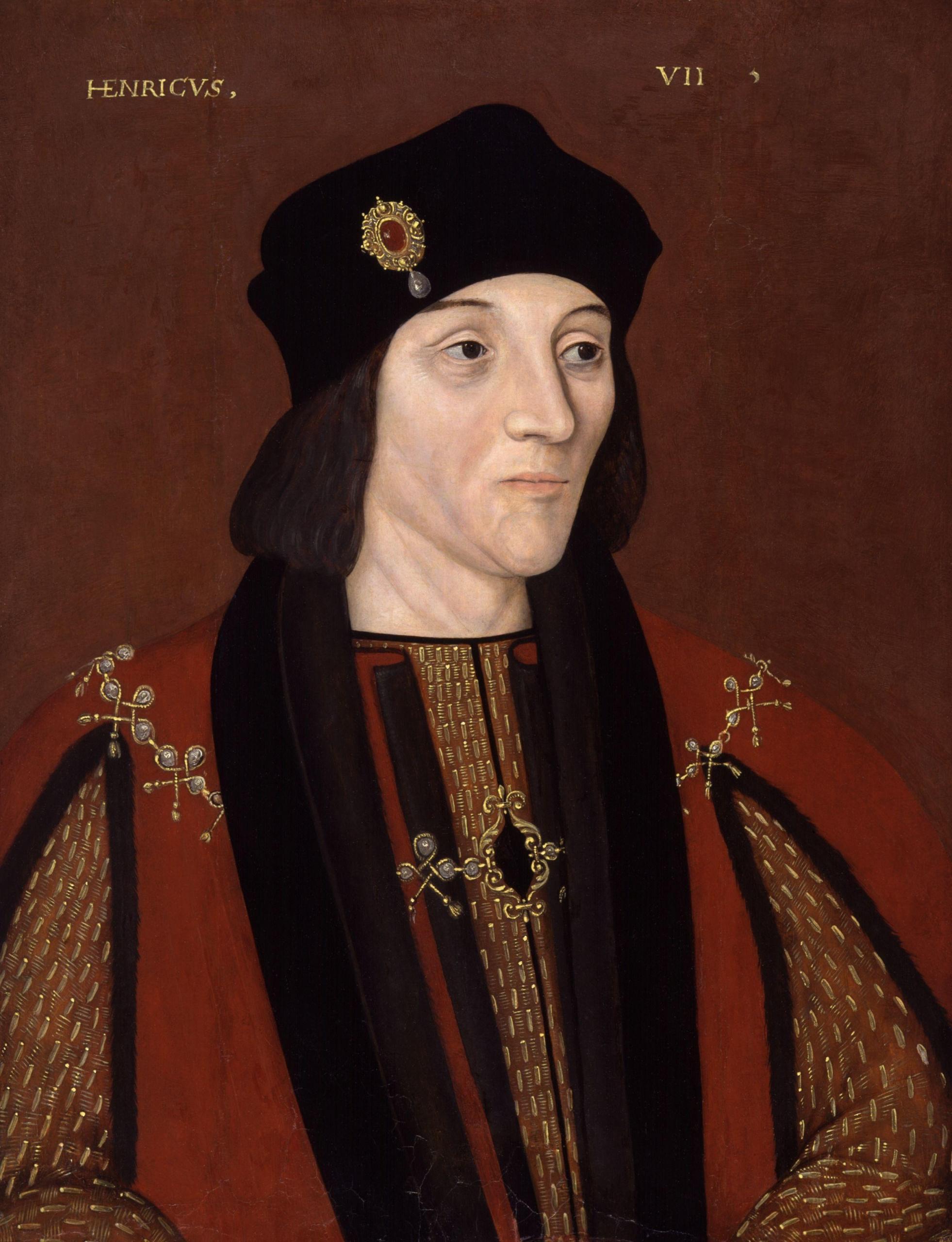 A portrait of a man wearing a red robe and a black hat. 