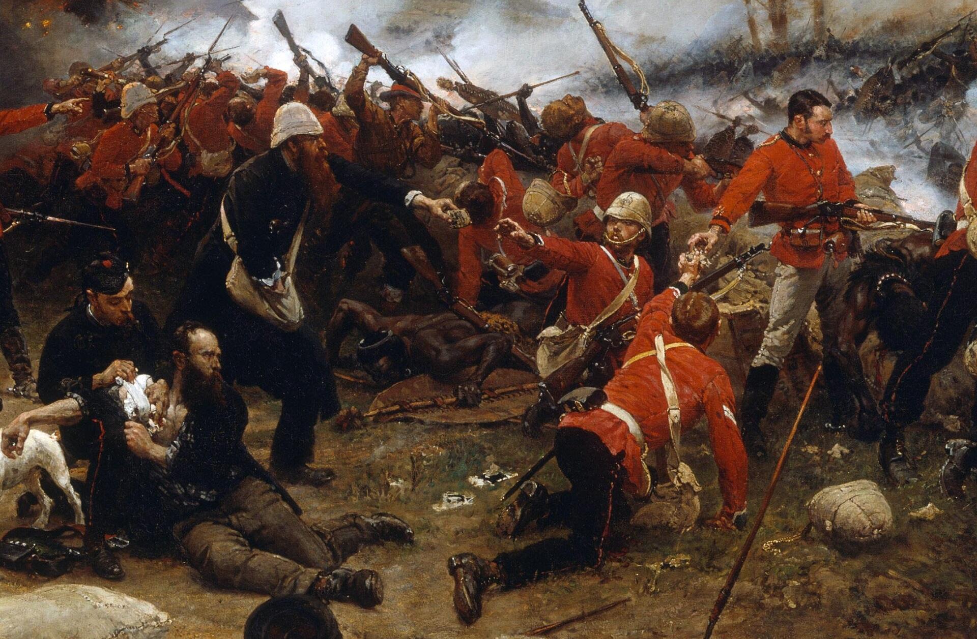 A battle scene featuring many men wearing red coats with white lanyards crossed over them and shiny helmets. 