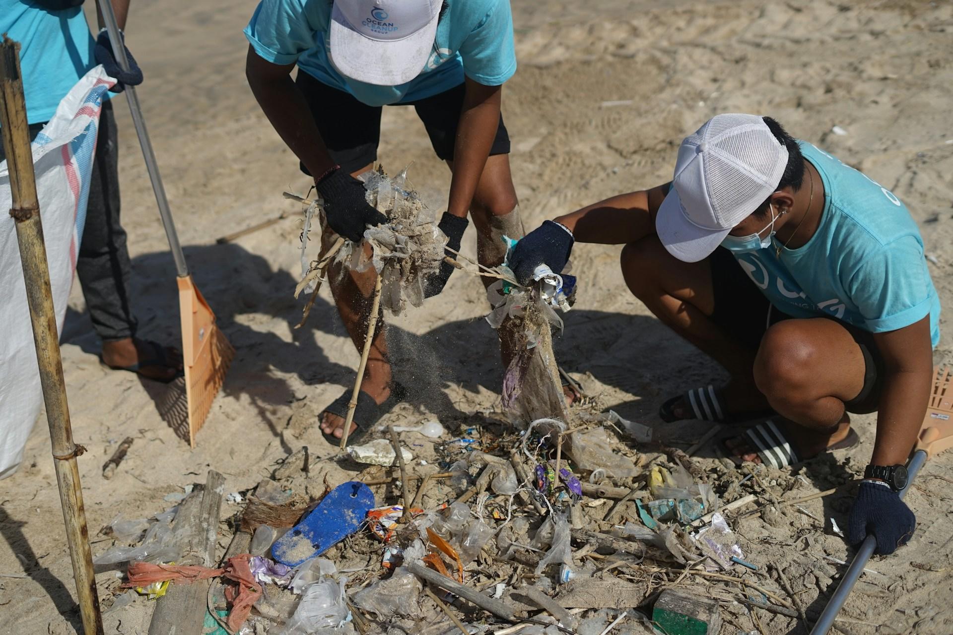 Ecologists sort through debris on a beach on a sunny day.