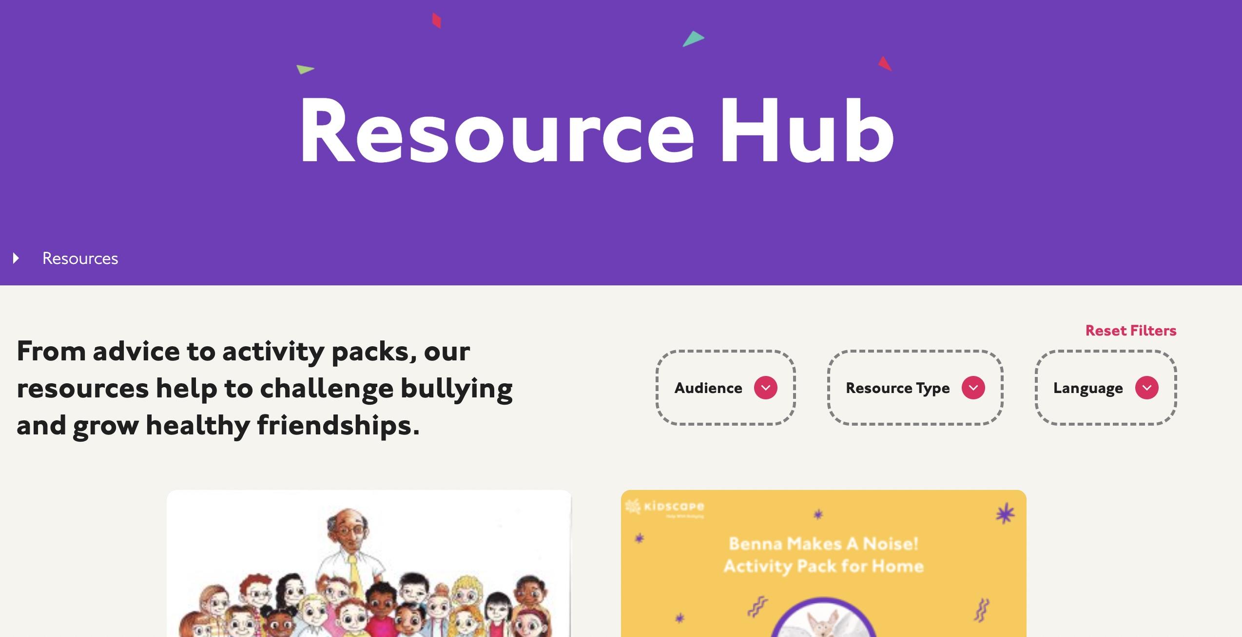 Screenshot of the Resource Hub on Kidscape website. 
