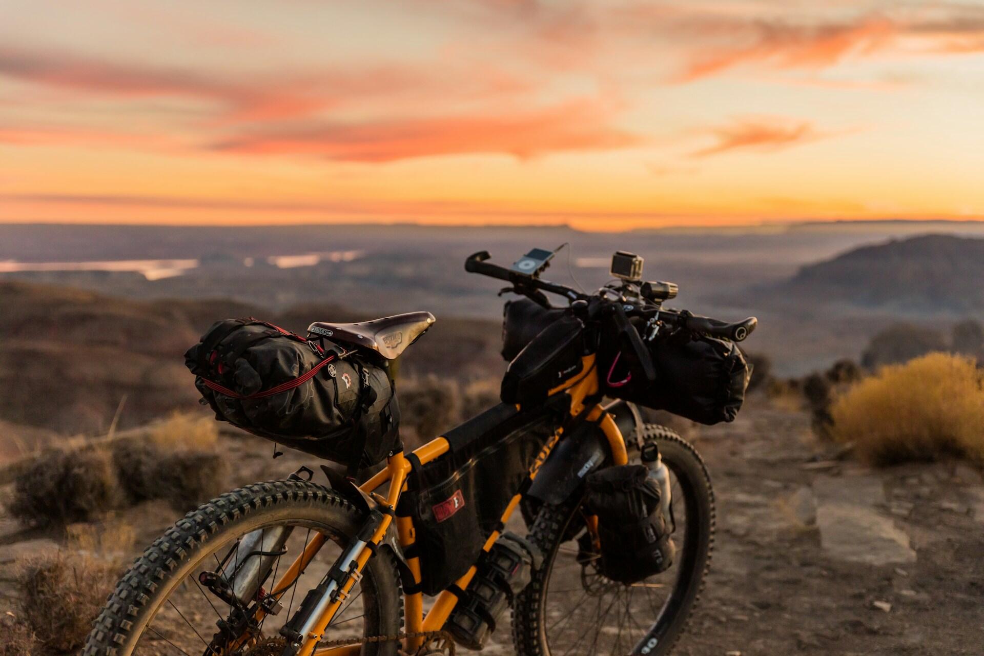 A mountain bike at sunset.