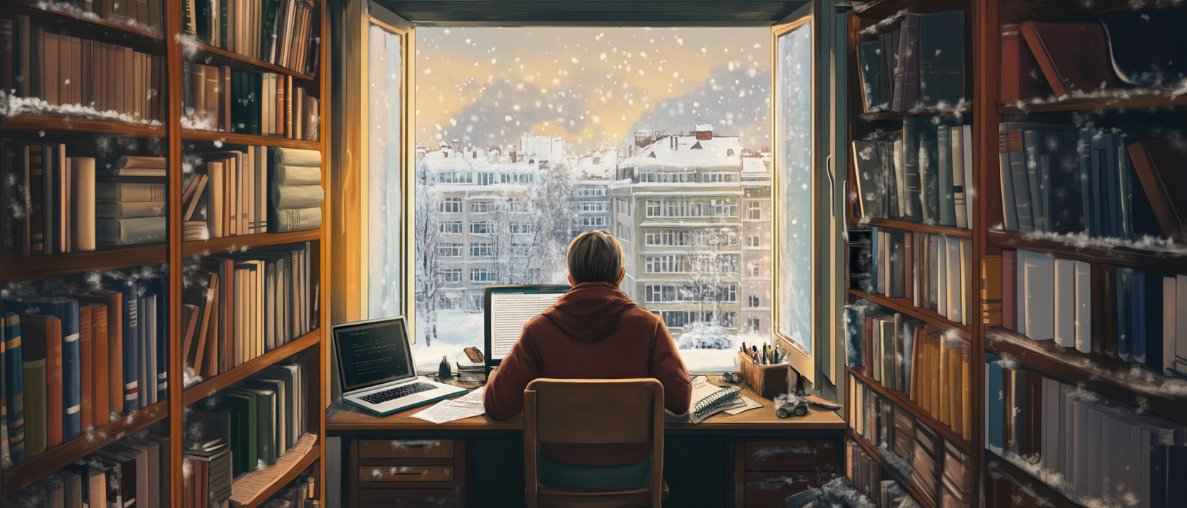 illustration of a man working in library on a computer