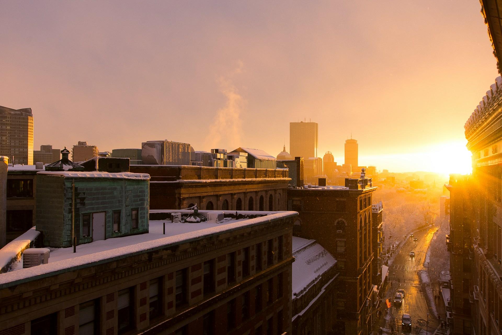 The Boston skyline at sunset.