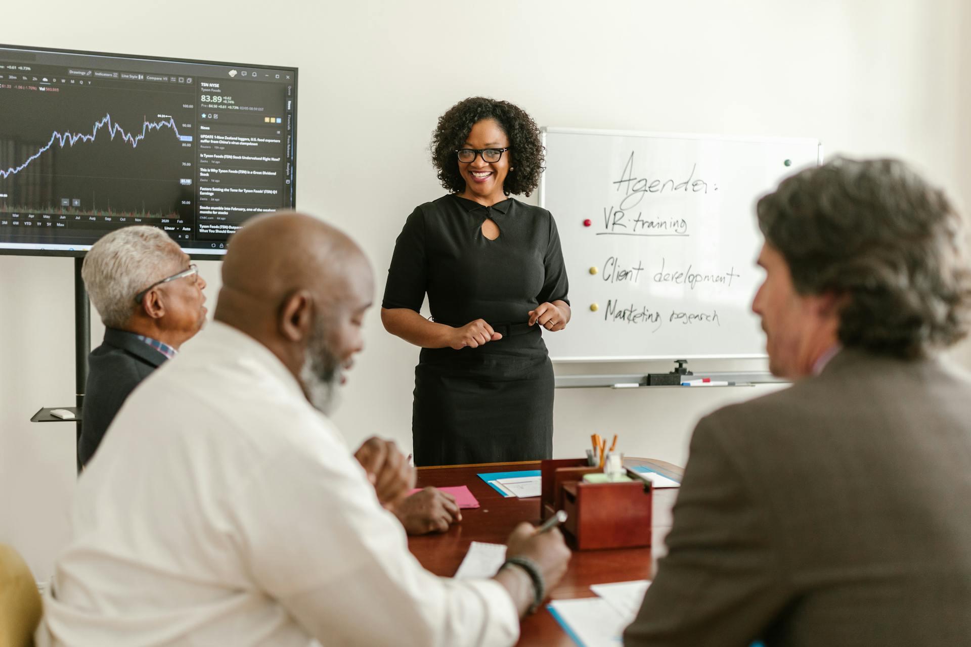 A meeting and presentation in a board room