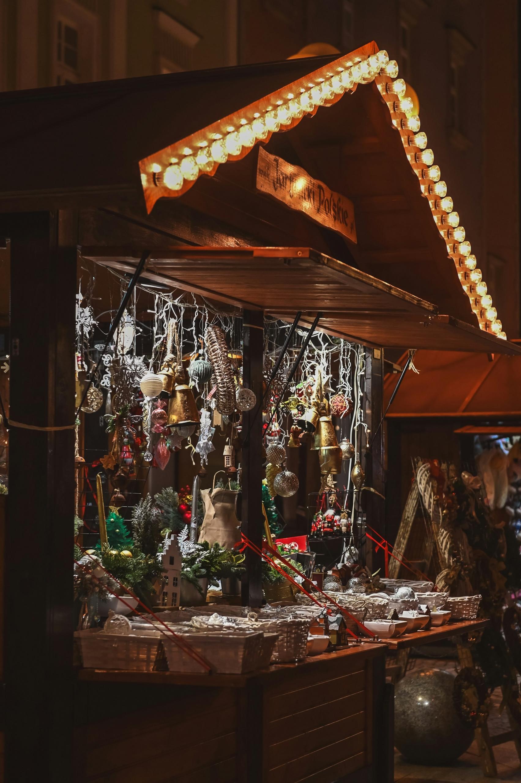 A stall at a Christmas Market selling craft goods and more.