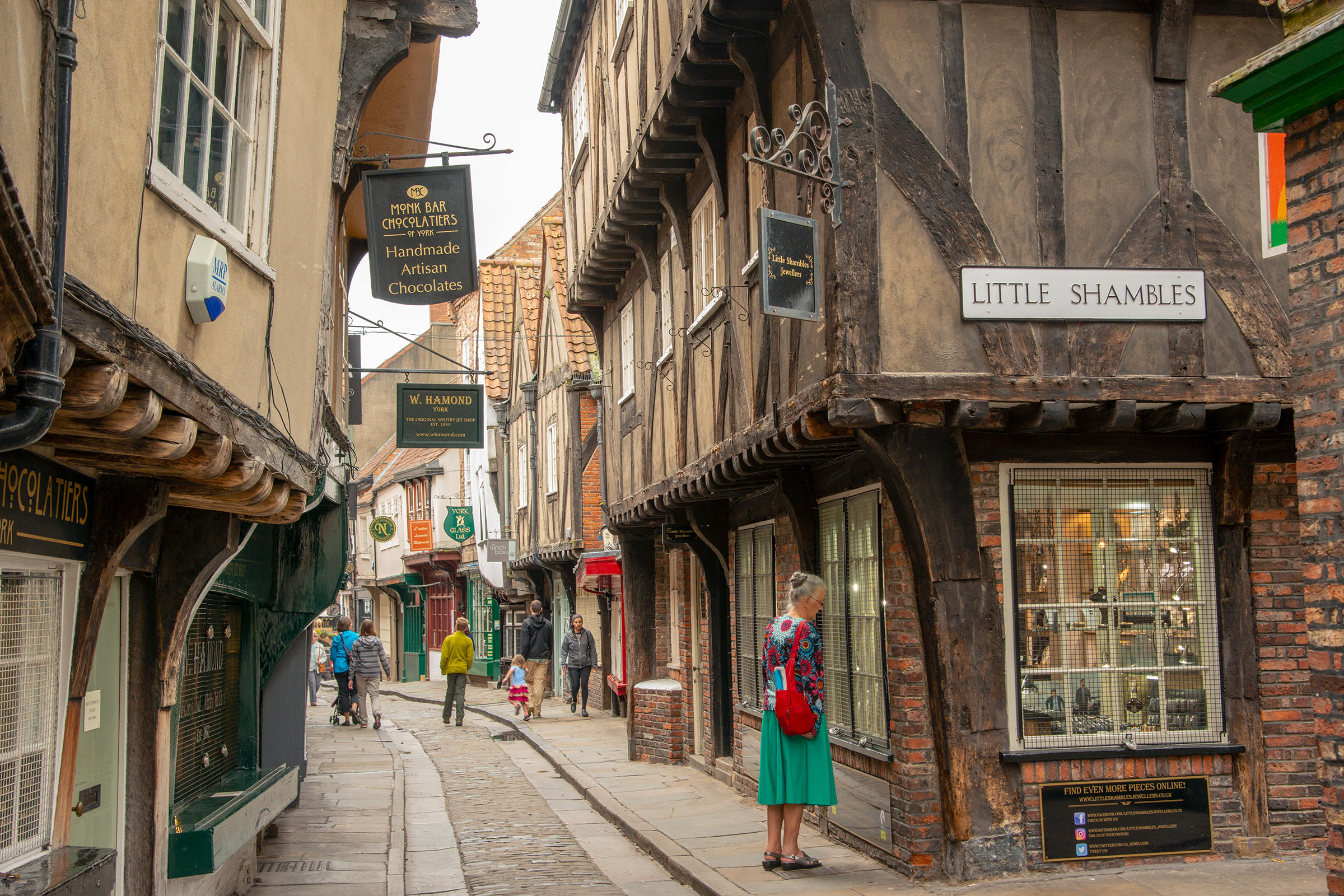 The Shambles street in York with wonky buildings.