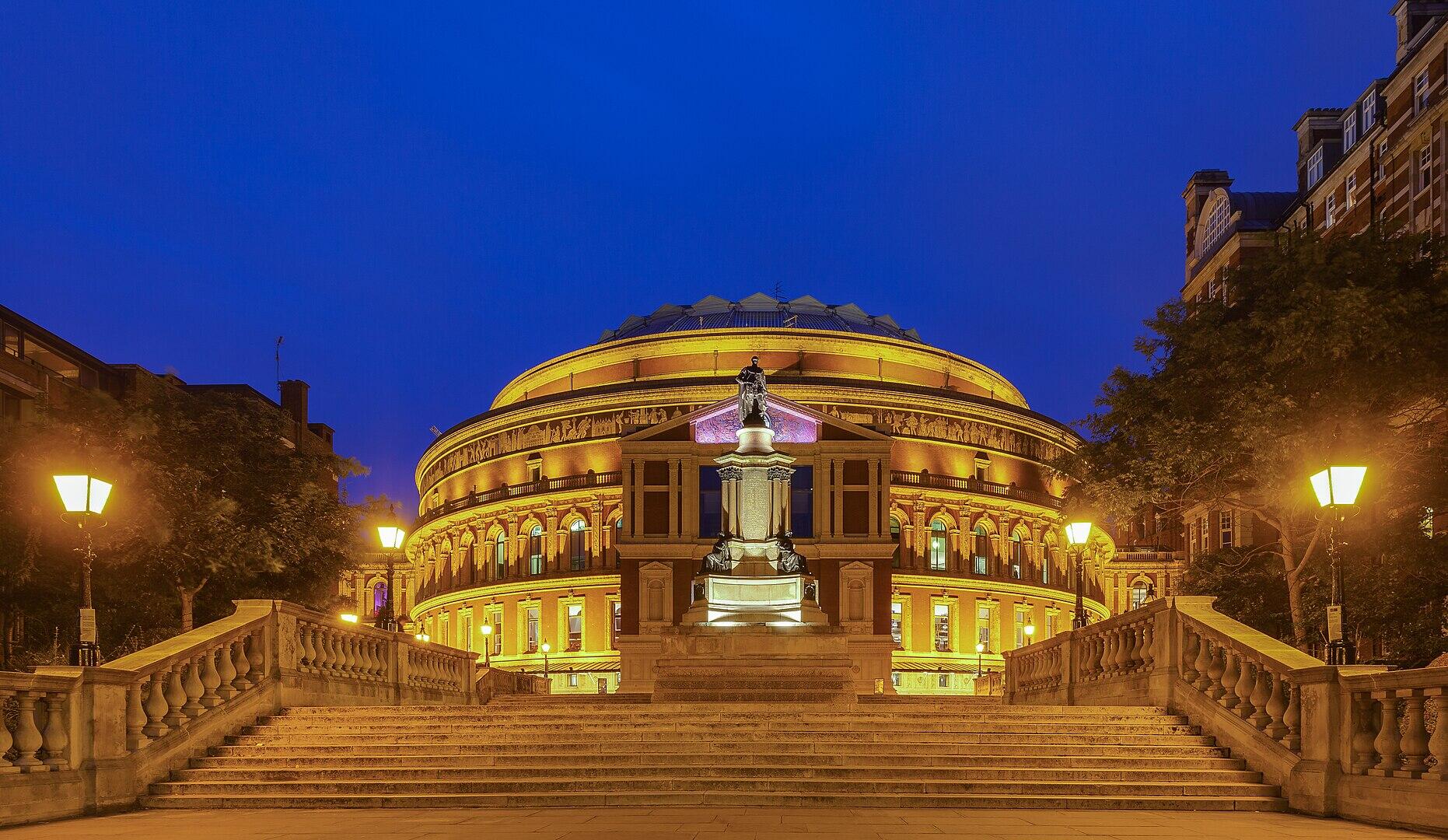 The Royal Albert Hall lit up at night