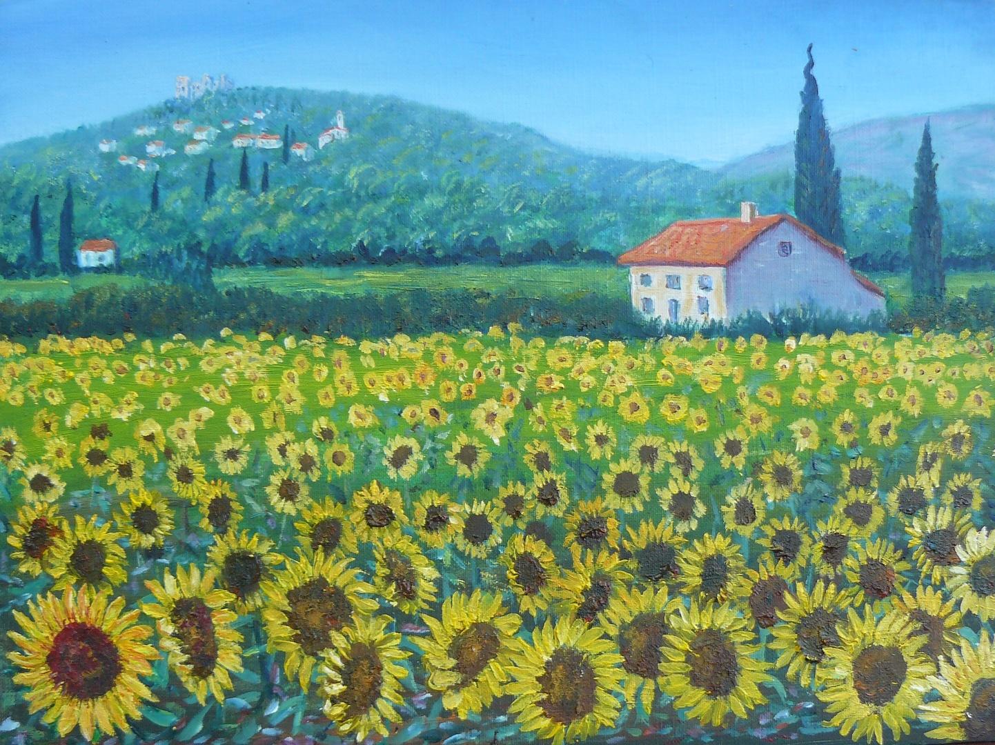 An oil painting of a sunflower field and farm house.