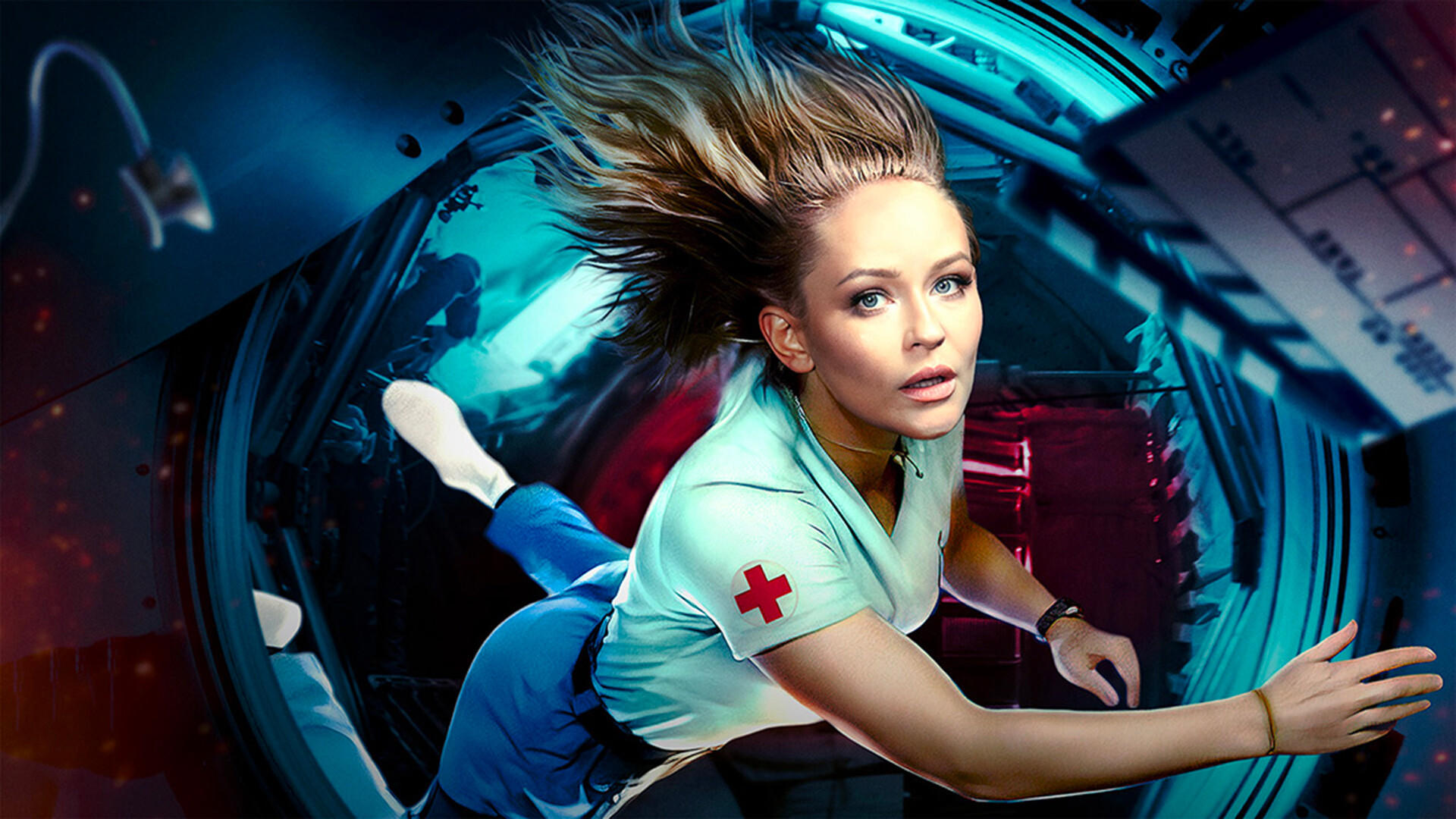 a female doctor floating in a spaceship.