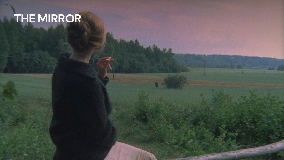 a woman sitting and looking at a field with her back facing the audience. 