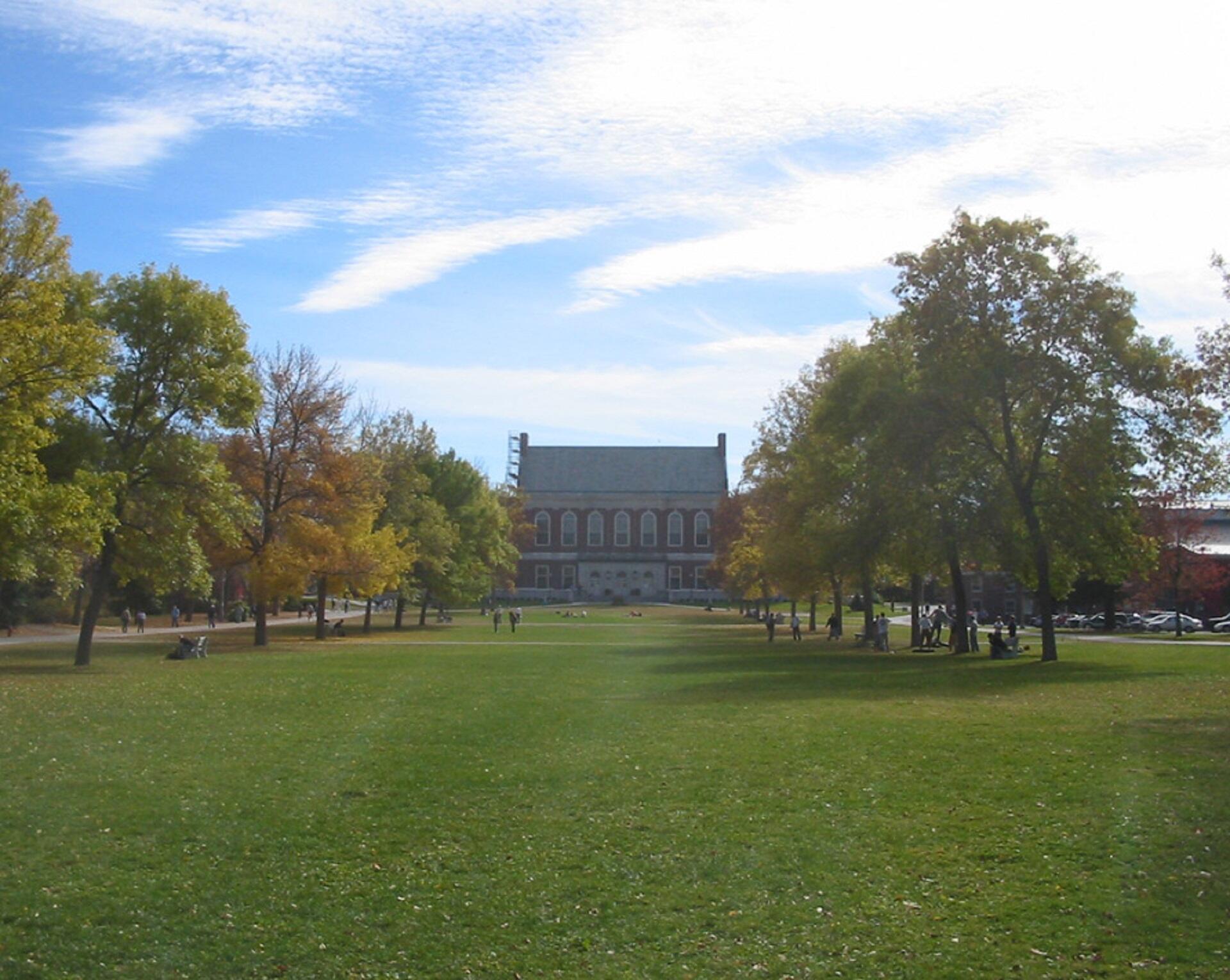 An open green space with a building in the background on a sunny day.