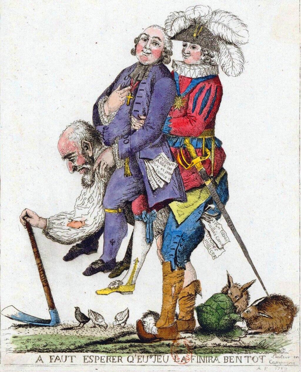 Two well-dressed people on an old man's back.