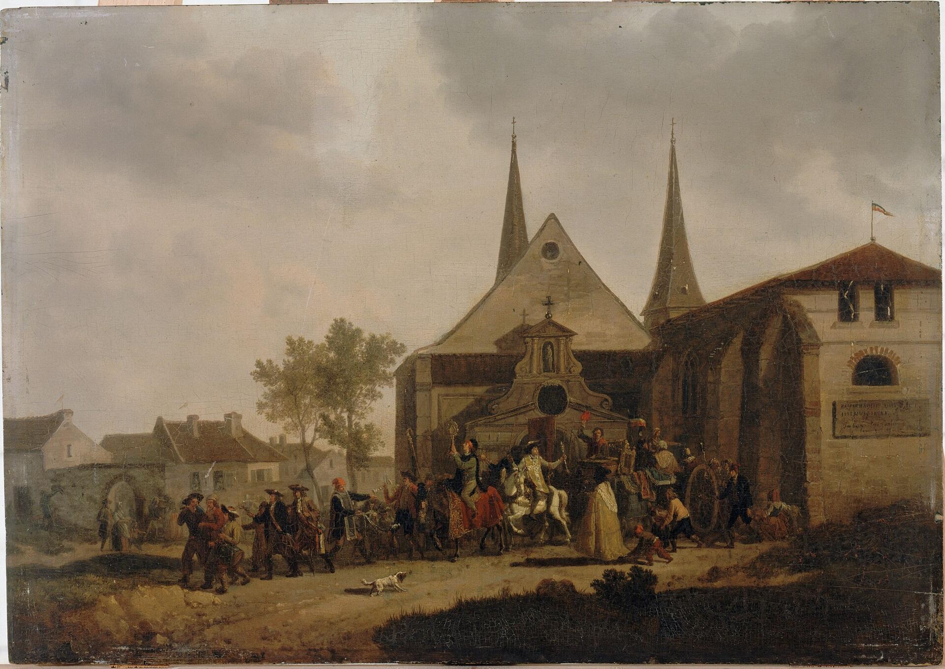 A angry-looking group of people in front of a church.