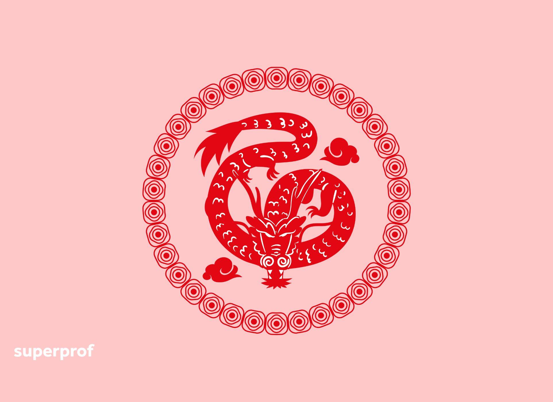 A dragon in a circle against a pink background.