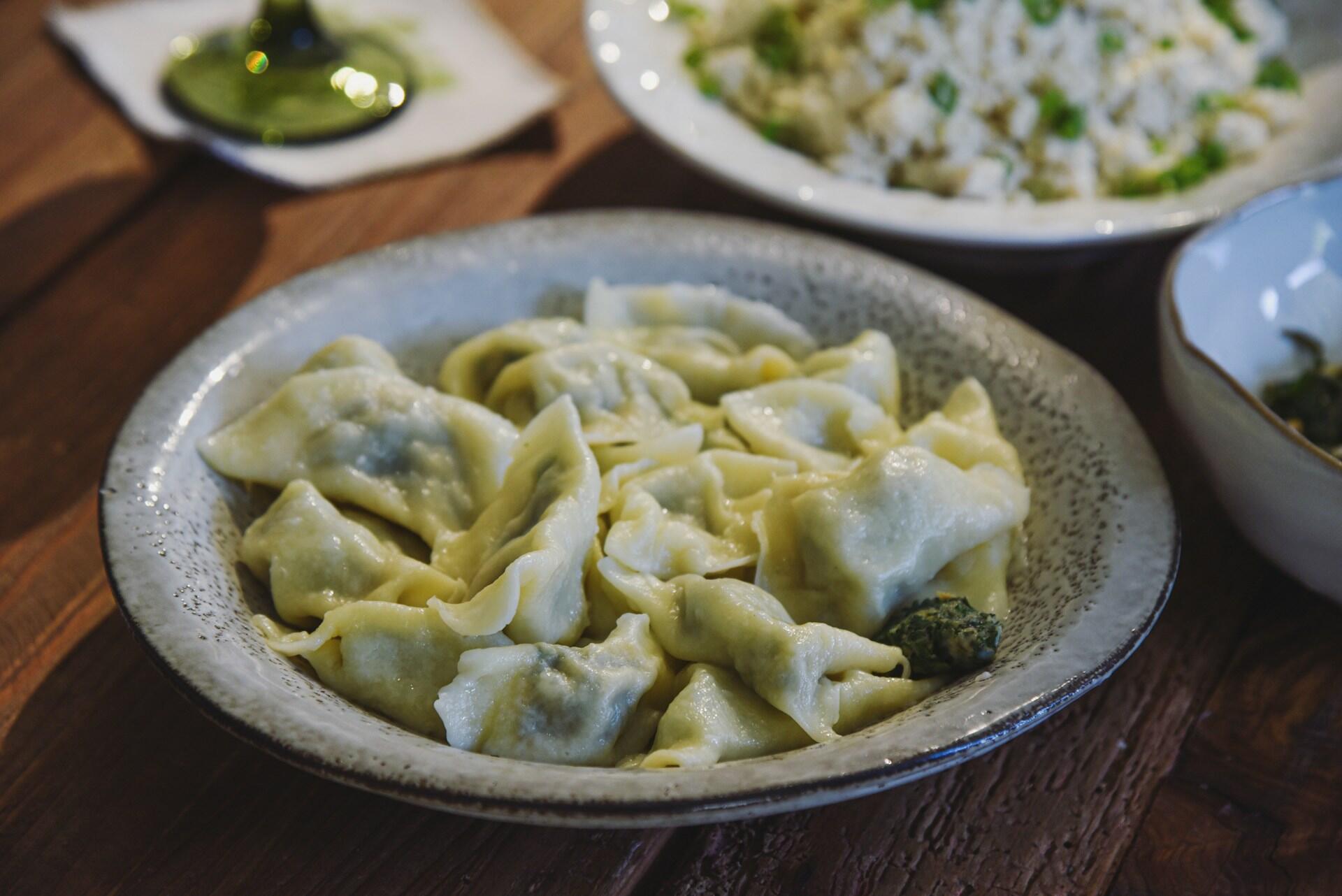 A plate of Chinese dumplings.