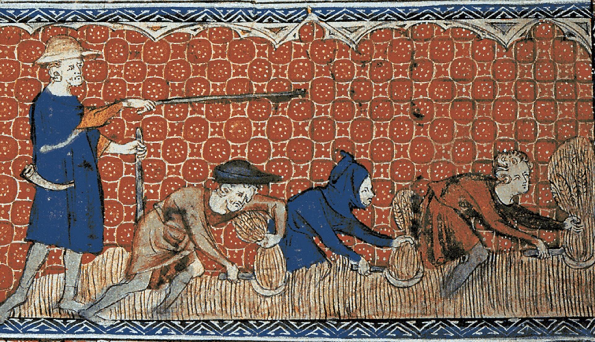 A lord overseeing serfs' labors.