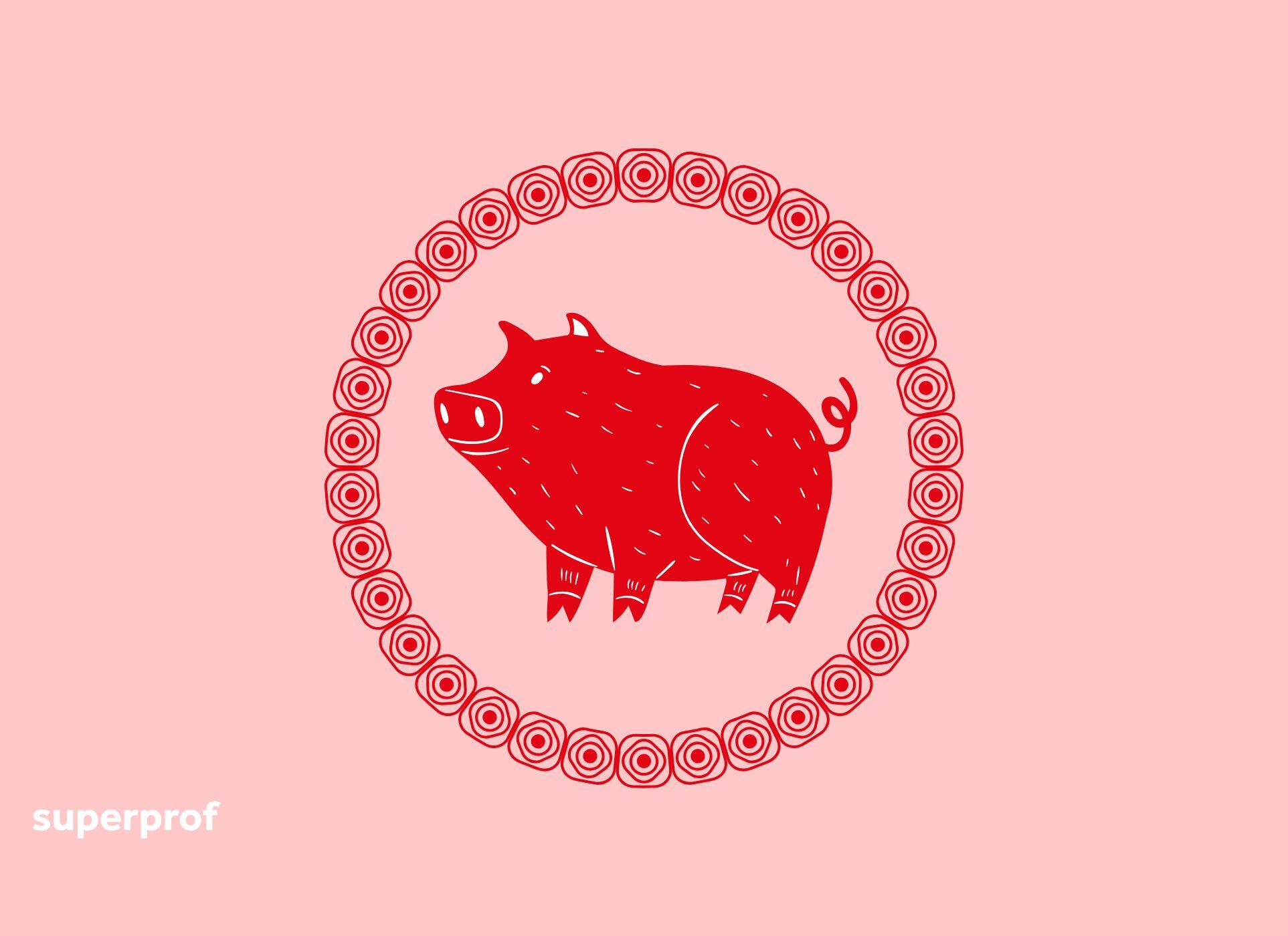 A pig in a circle against a pink background.