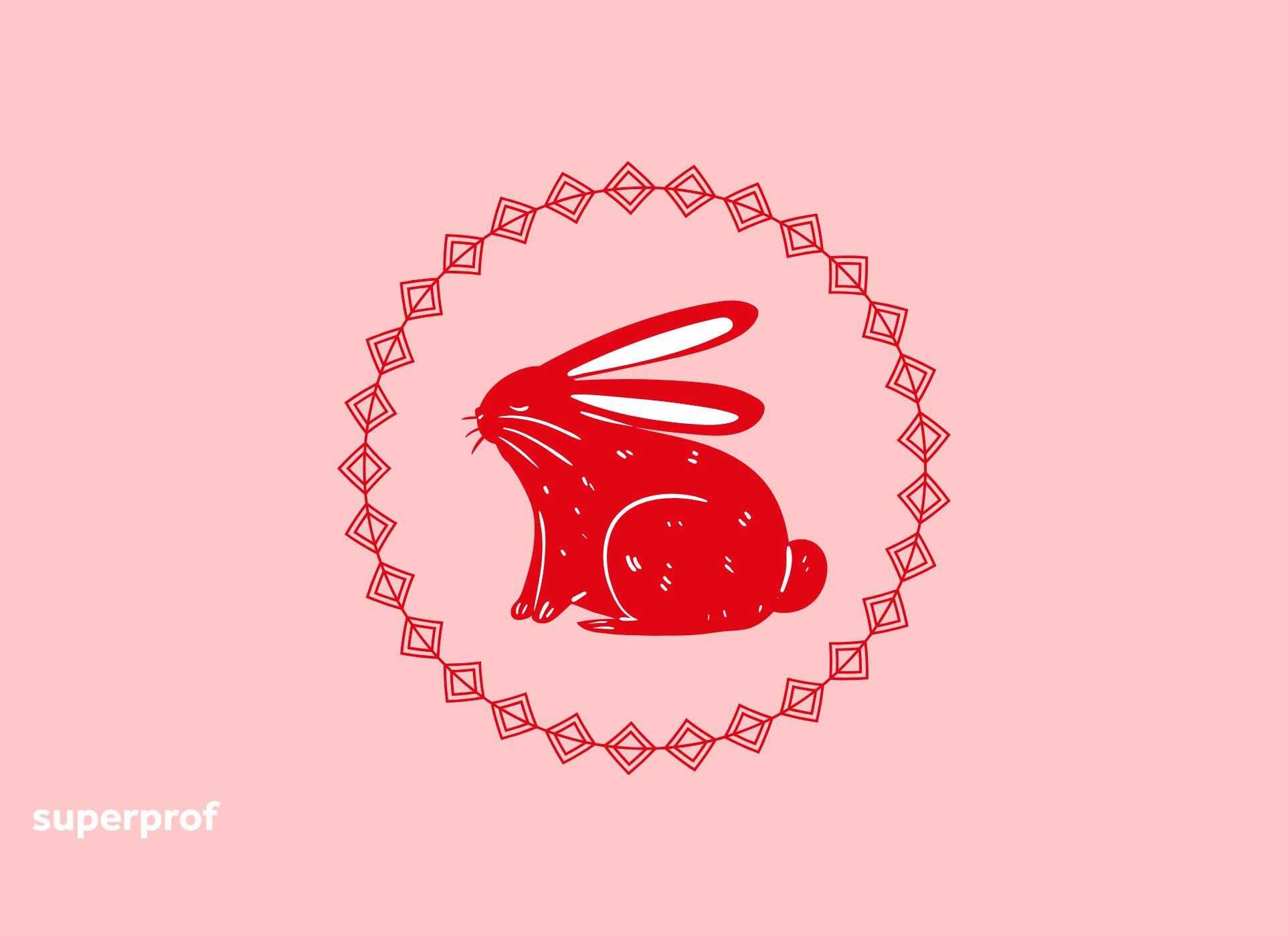 A sitting bunny in a circle against a pink background.