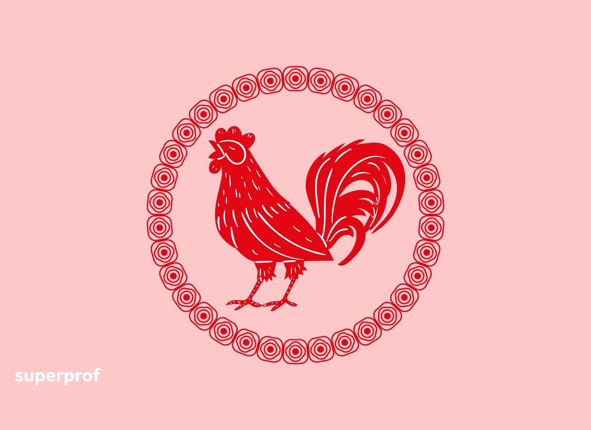 A rooster in a circle against a pink background.