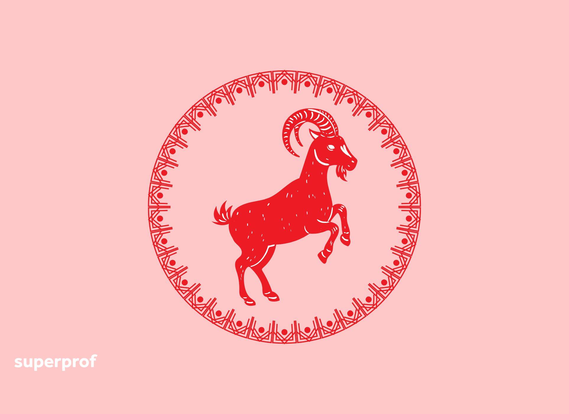 A goat in a circle against a pink background.