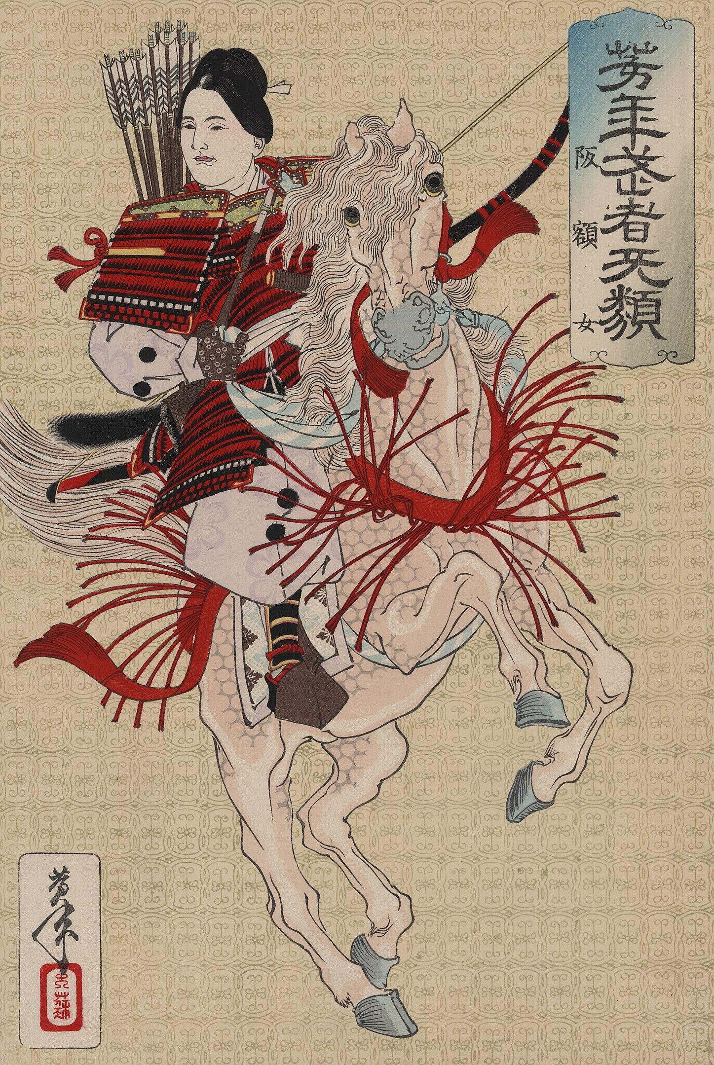 A woman on horseback with a bow and arrow rig on her back. 