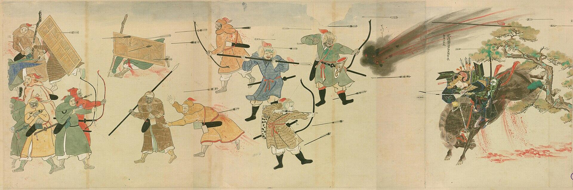 Archers fighting a battle against a horseman. 