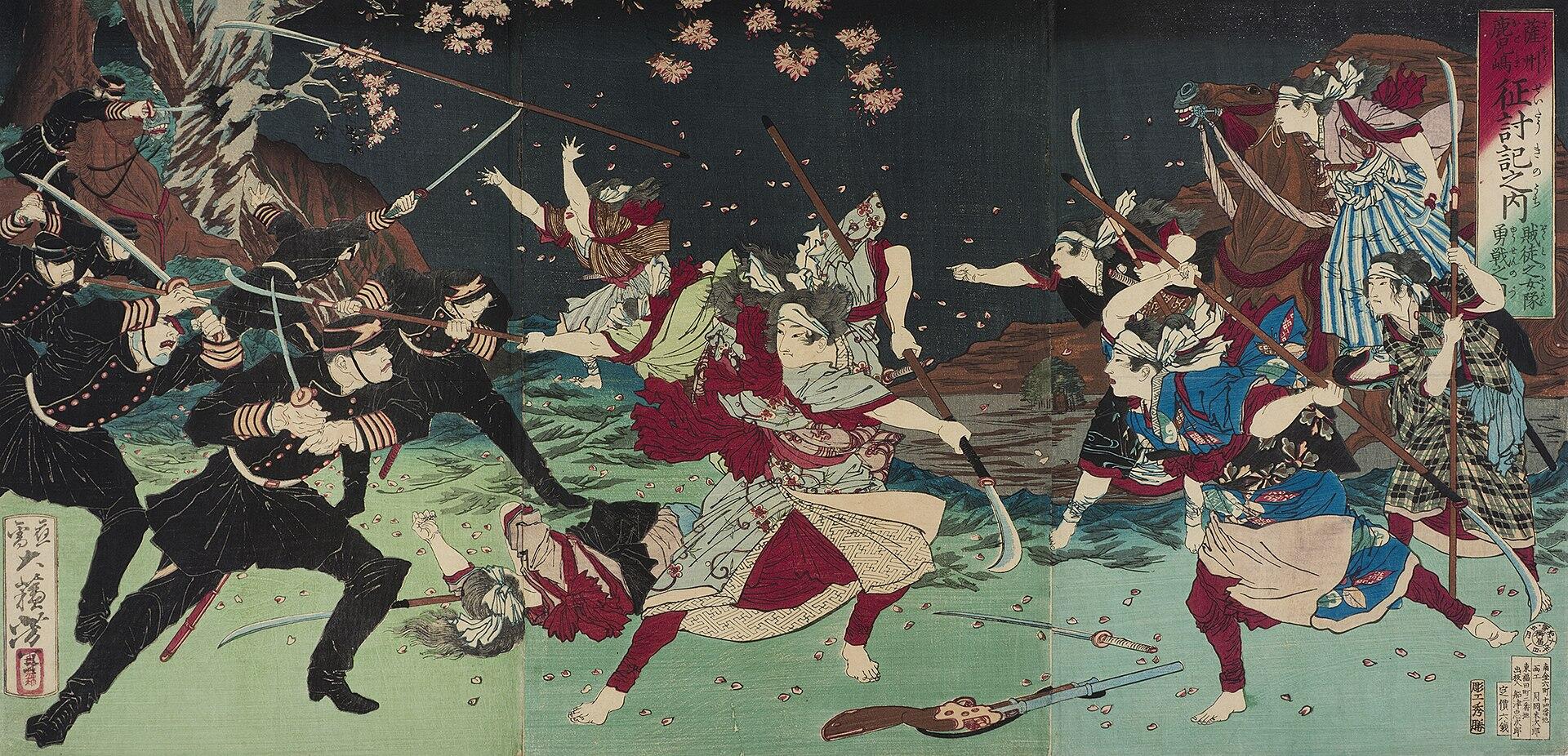 A group of female samurai battling male fighters. 