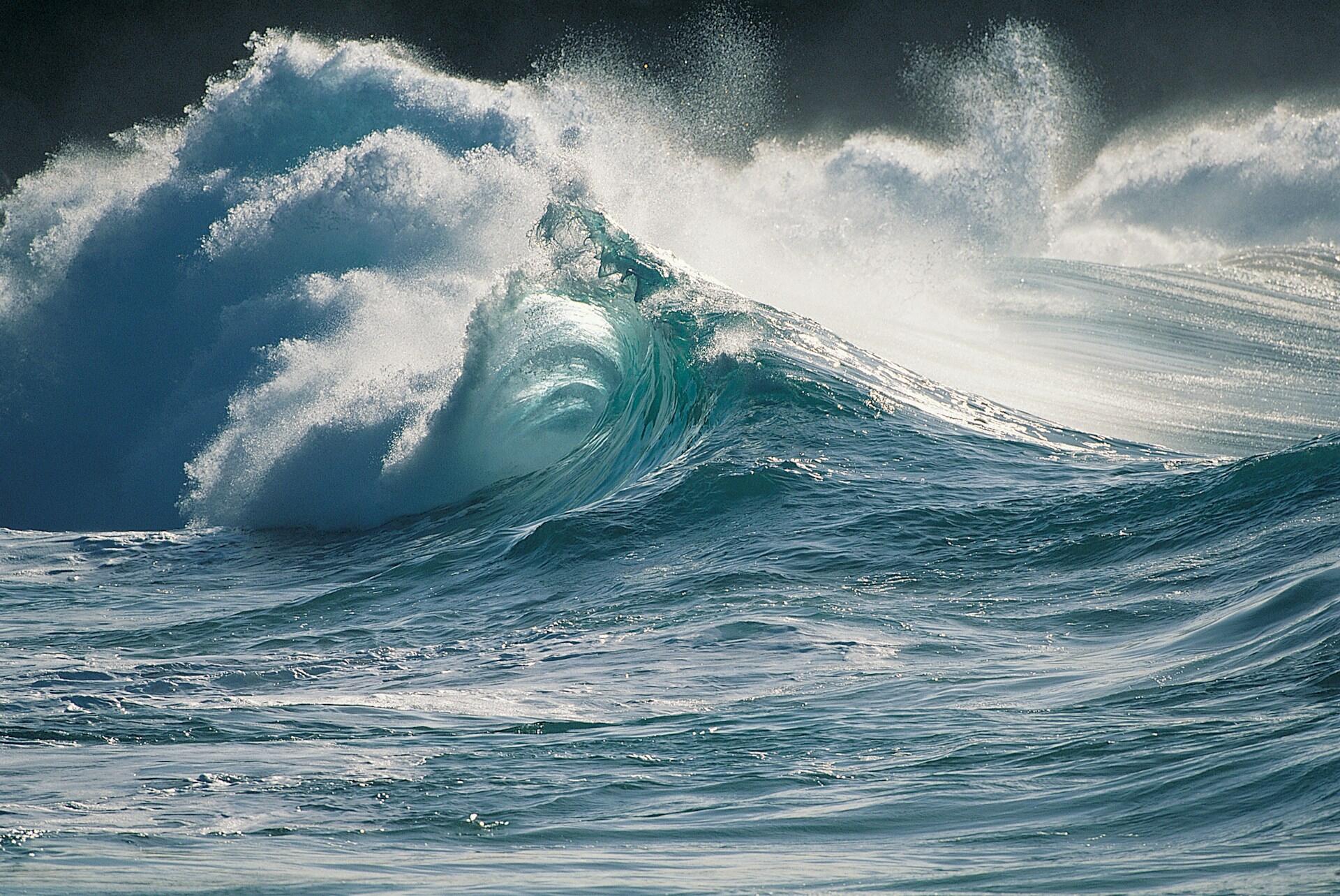A large wave churning the ocean.