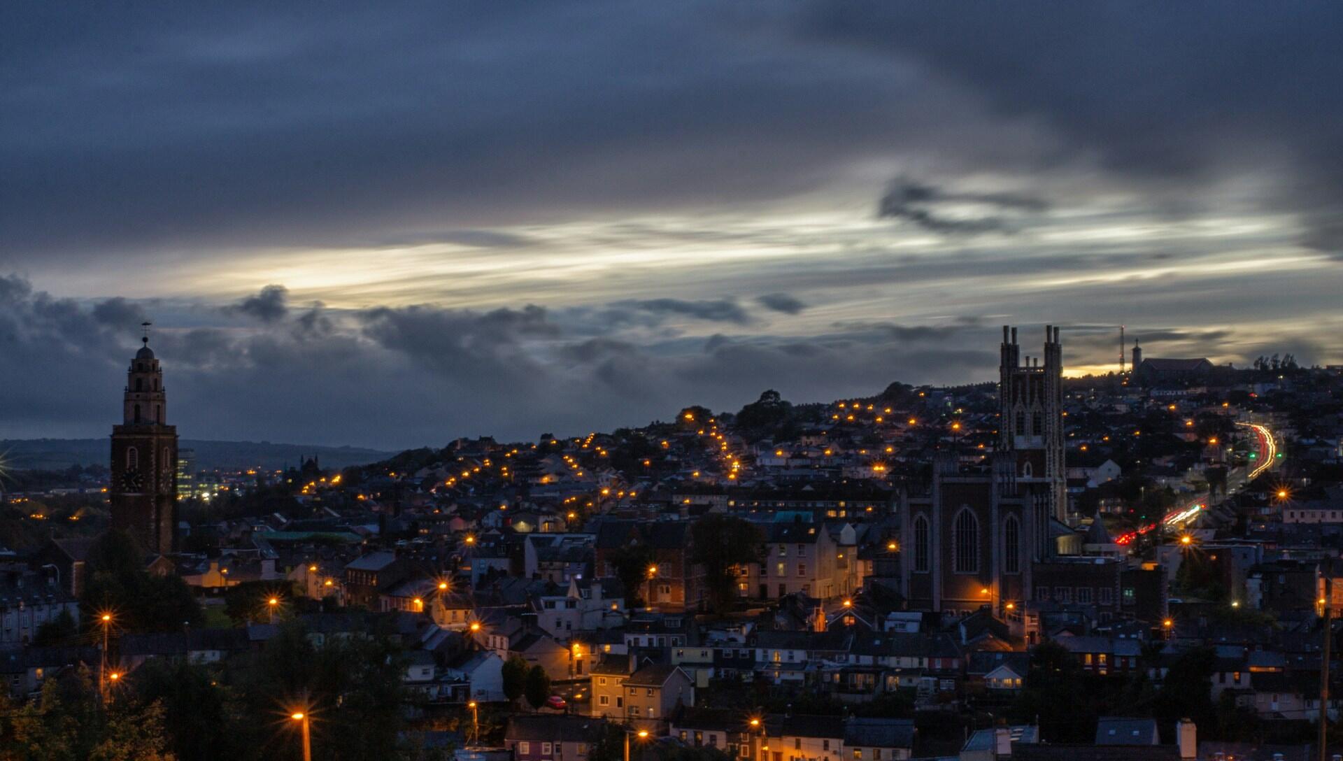A cityscape at dusk