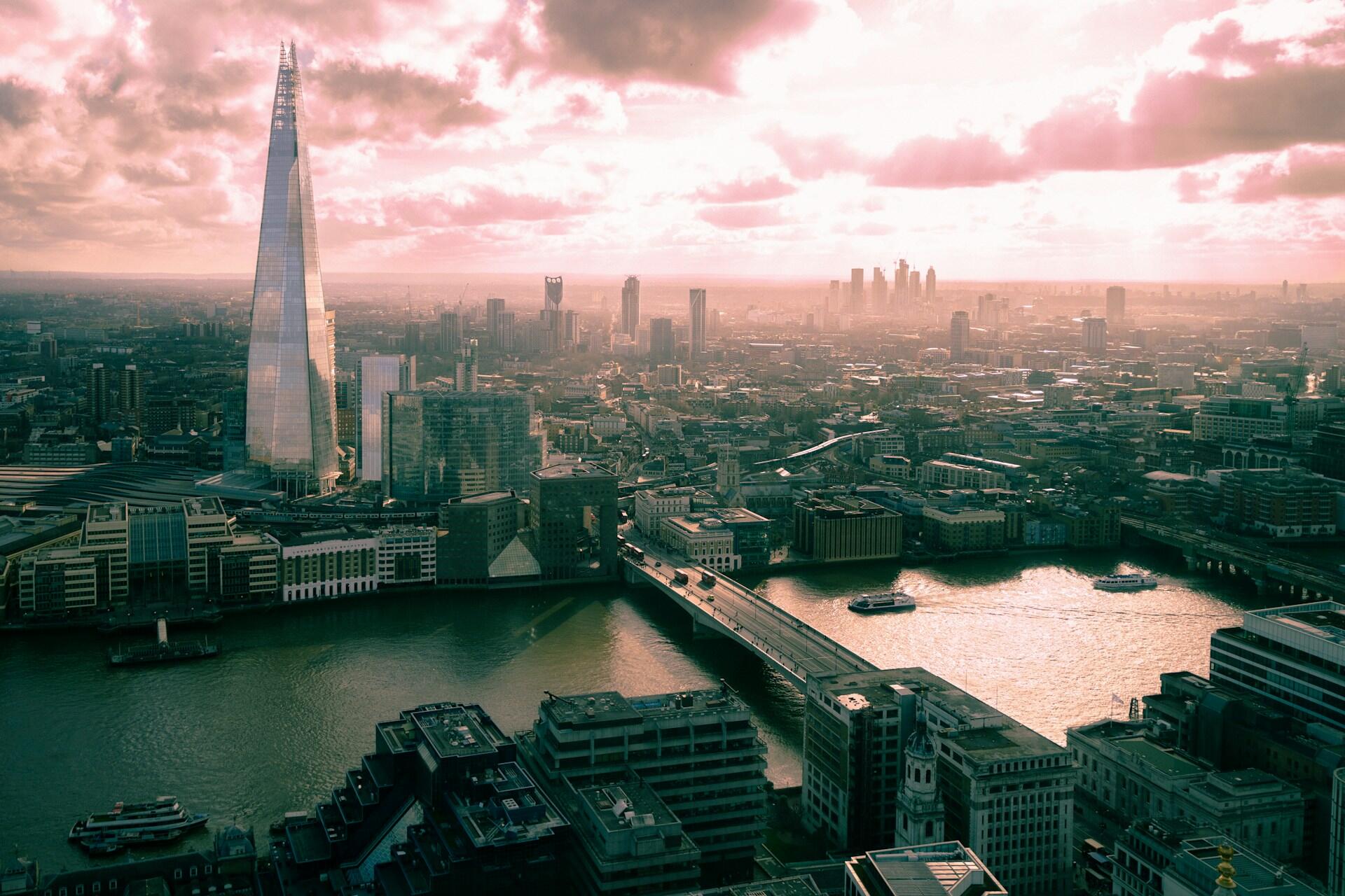 A view over London and The Shard at sunset.