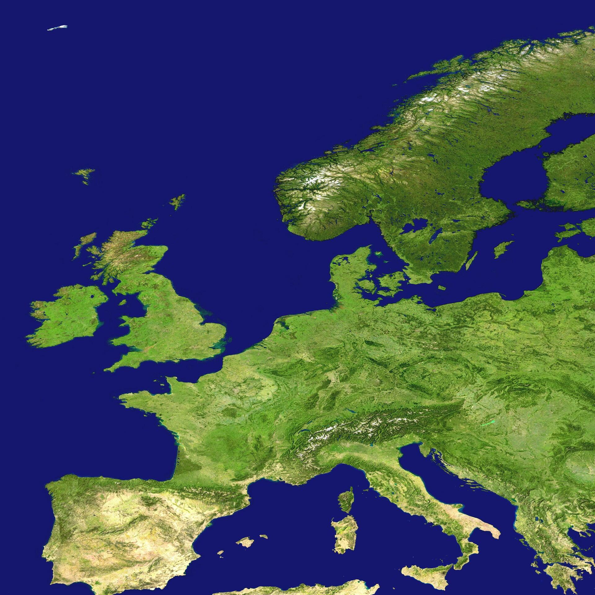 A satellite image of Europe with UK and Ireland