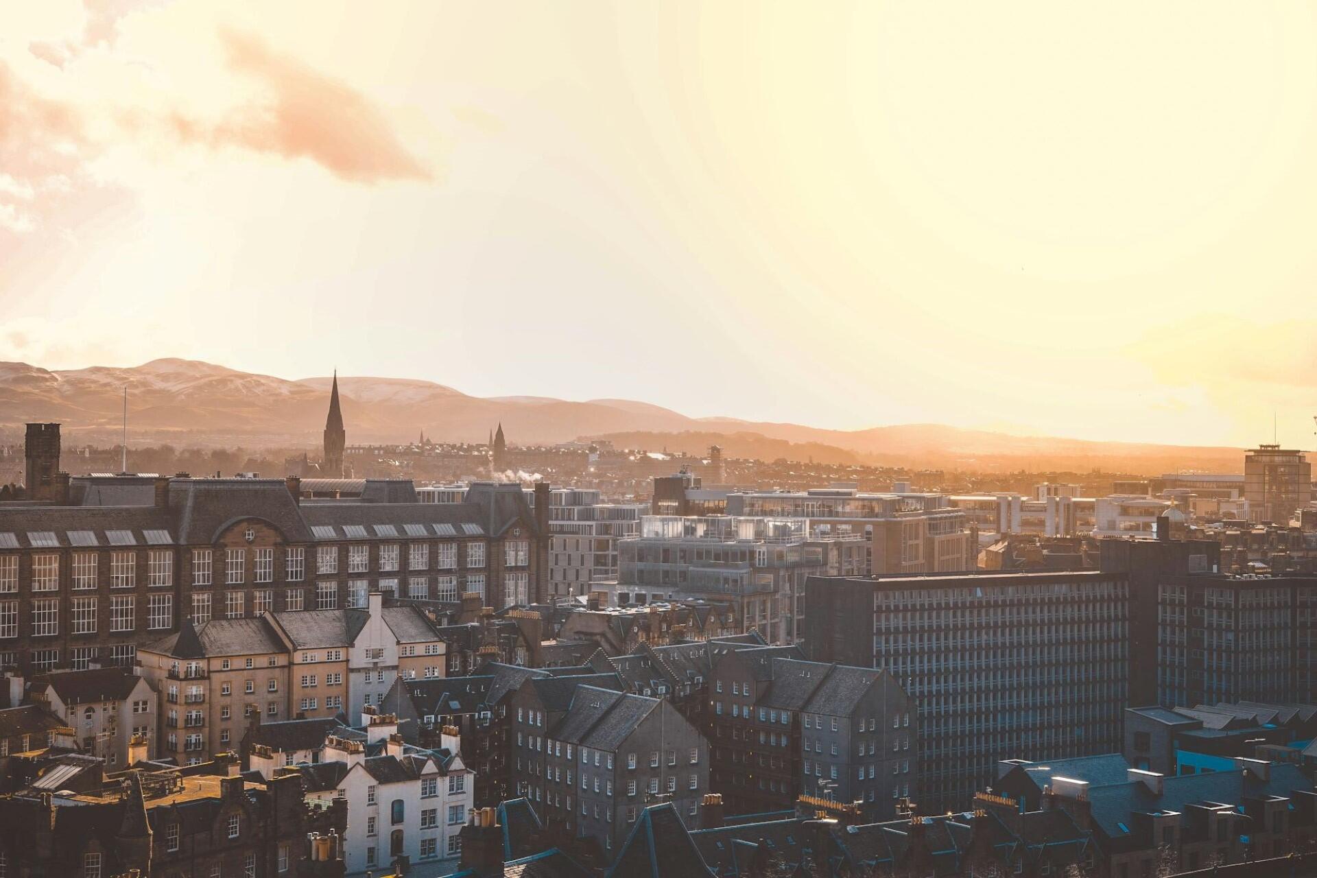 A view of Edinburgh at sunset.