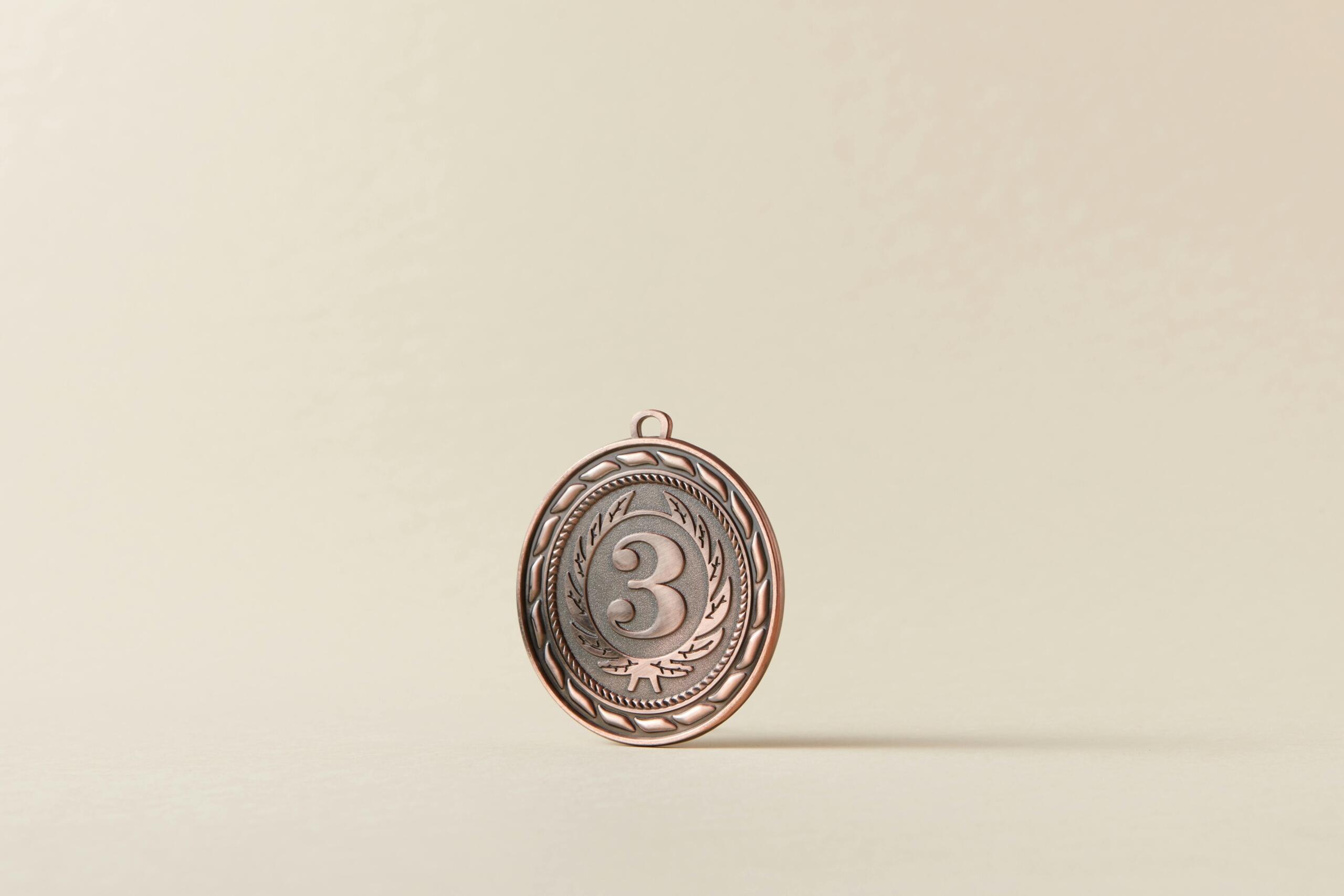 A bronze medal placed on a plain white surface.