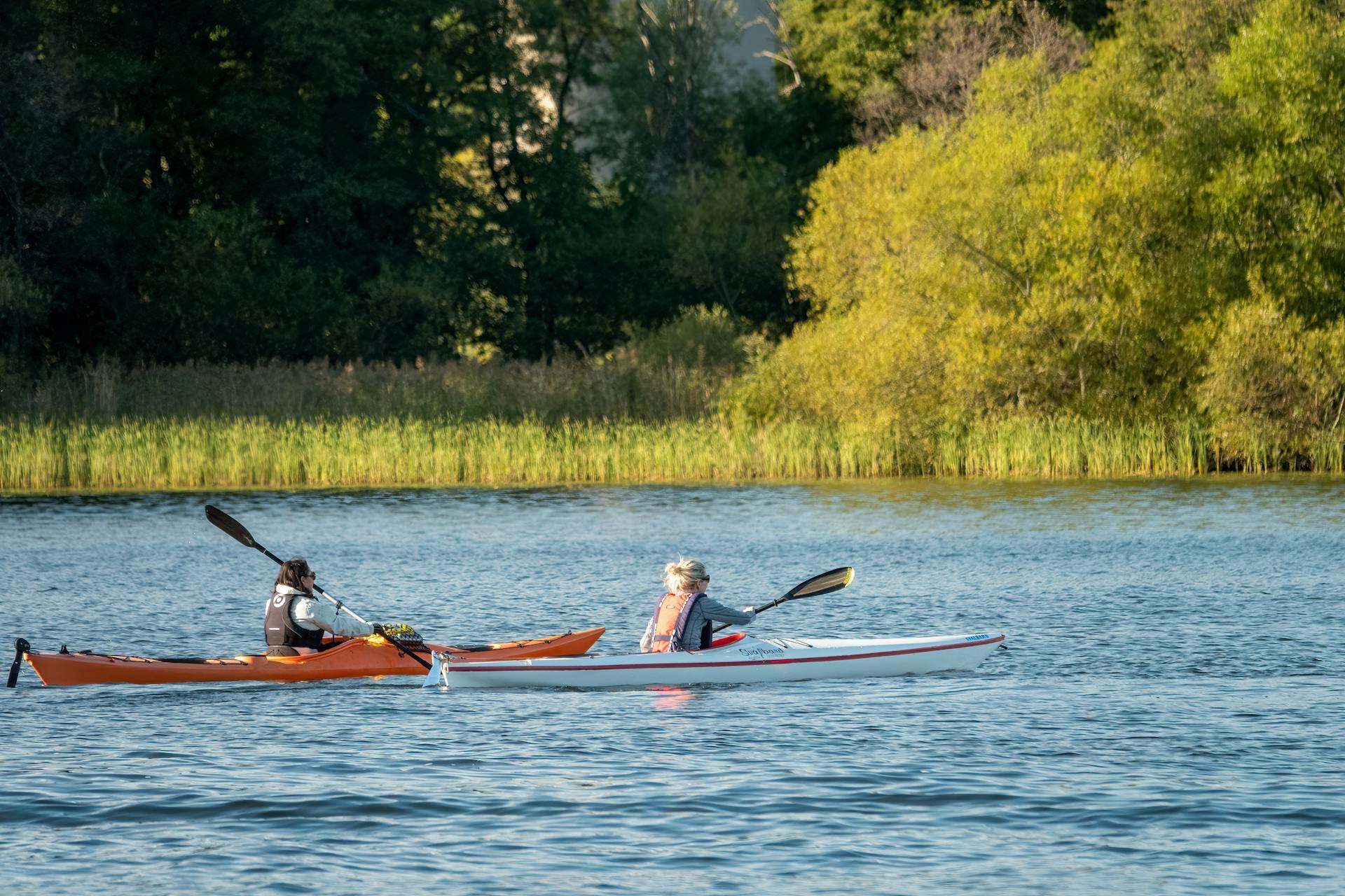 Two people kayaking on river